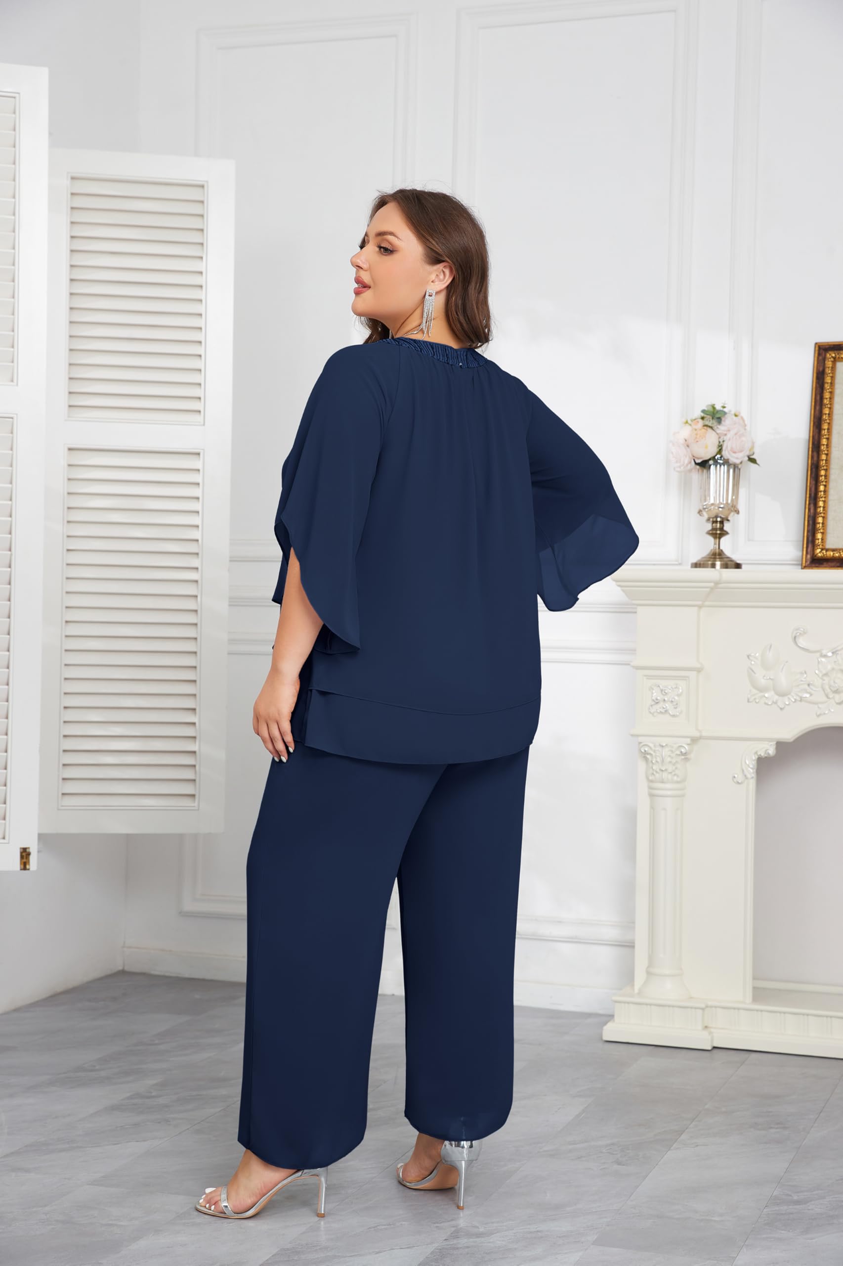 Elegant Hanna Nikole Plus Size Mother of the Bride Pant Suit - Chiffon 2-Piece Formal Outfit with Half Sleeves for Wedding Guest & Special Occasions | Perfect for Church Ceremonies, Receptions & Evening Events