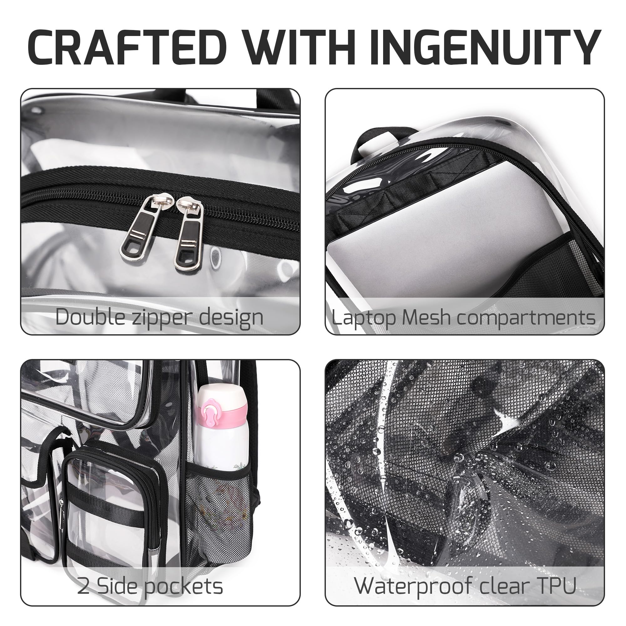 Clear Transparent Backpack for School & Travel - Heavy Duty Stadium Approved See-Through Bookbag for Women, Girls & College Students (Black) - Perfect for Security Checks, Work, Classes & Outdoor Activities