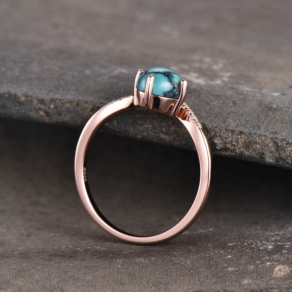 Elegant Turquoise Engagement Ring with Curved V Diamond Band - Perfect for Wedding, Proposal & Anniversary Gifts