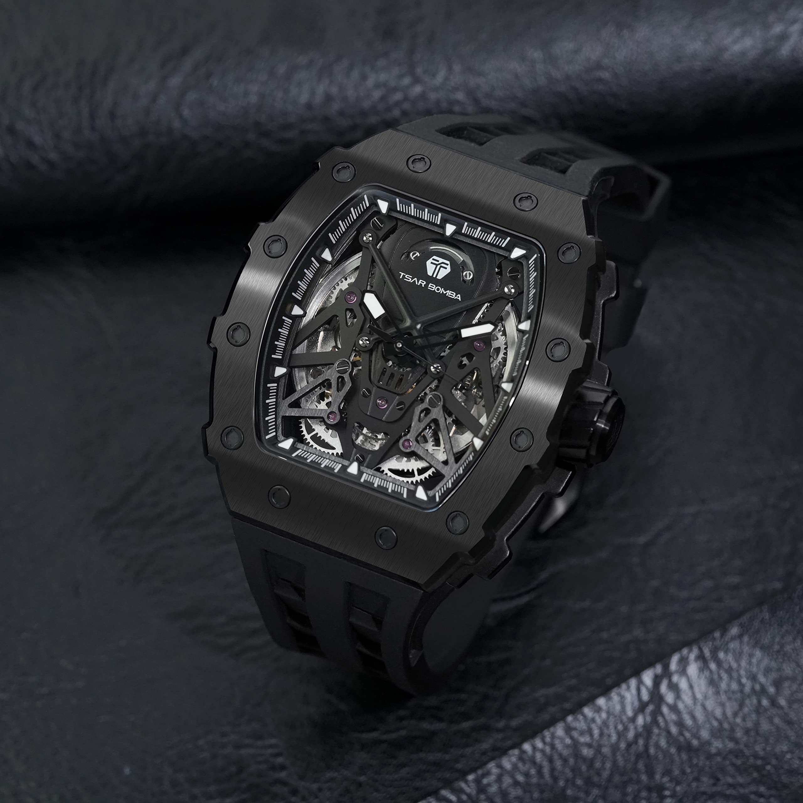 Luxury Automatic Skeleton Watch for Men - 50M Waterproof Mechanical Tonneau Watch with Silicone Band - Perfect for Business, Formal Events & Christmas Gifts