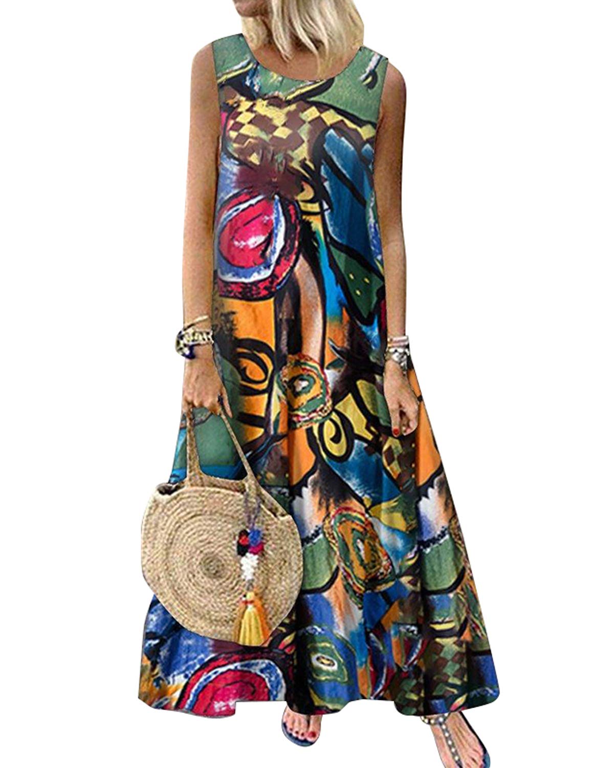 ZANZEA Women's Floral Print Boho Maxi Dress - Sleeveless Loose Fit Long Summer Dress for Beach, Party & Casual Wear | Perfect for Vacations, Outings & Outdoor Events