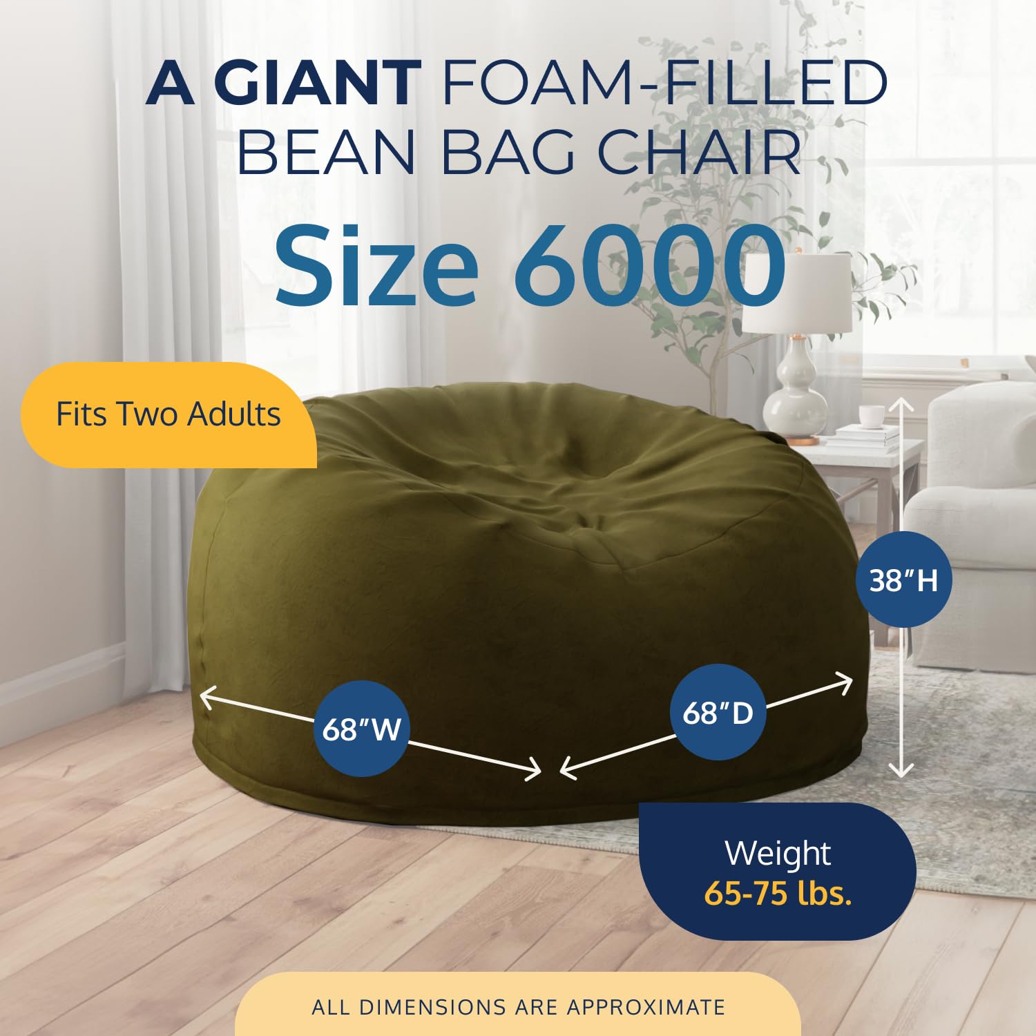 ULTIMATE SACK 6ft Oversized Bean Bag Chair & Footstool for Adults - Premium Olive Suede Lounge Furniture | Perfect for Living Room, Bedroom, Game Room & Dorm Relaxation