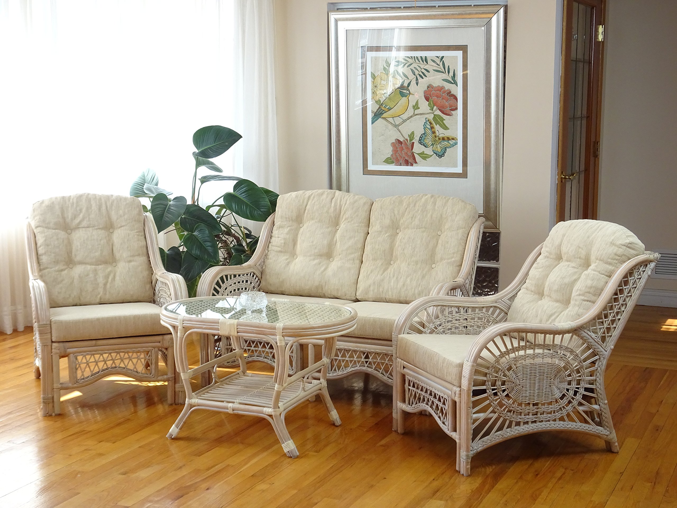 Malibu 4-Piece Patio Lounge Set - 2 Natural Rattan Wicker Chairs & Loveseat with Cream Cushions + Whitewashed Coffee Table with Glass Top | Outdoor Furniture for Poolside, Garden, Deck or Balcony Relaxation