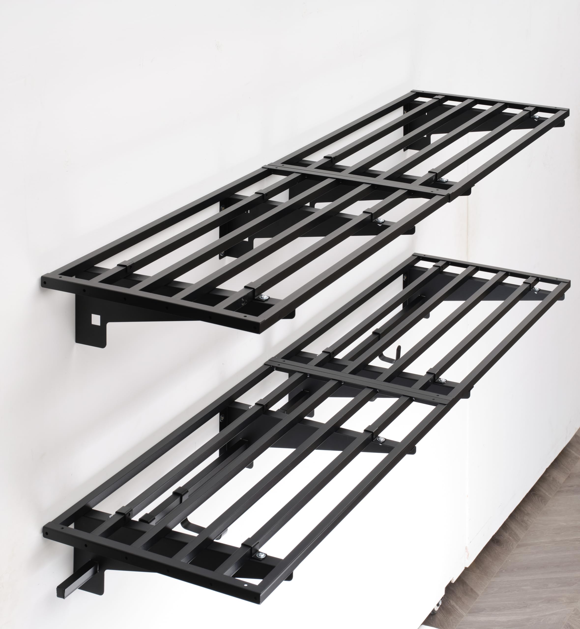 WAREYEASY 1.64x6FT Heavy Duty Wall Mounted Floating Shelves - 2 Tier Garage Storage Rack with Hooks - 525lbs Weight Capacity - Perfect for Workshop, Shed, Garage & Home Organization (Space Saving Solution)