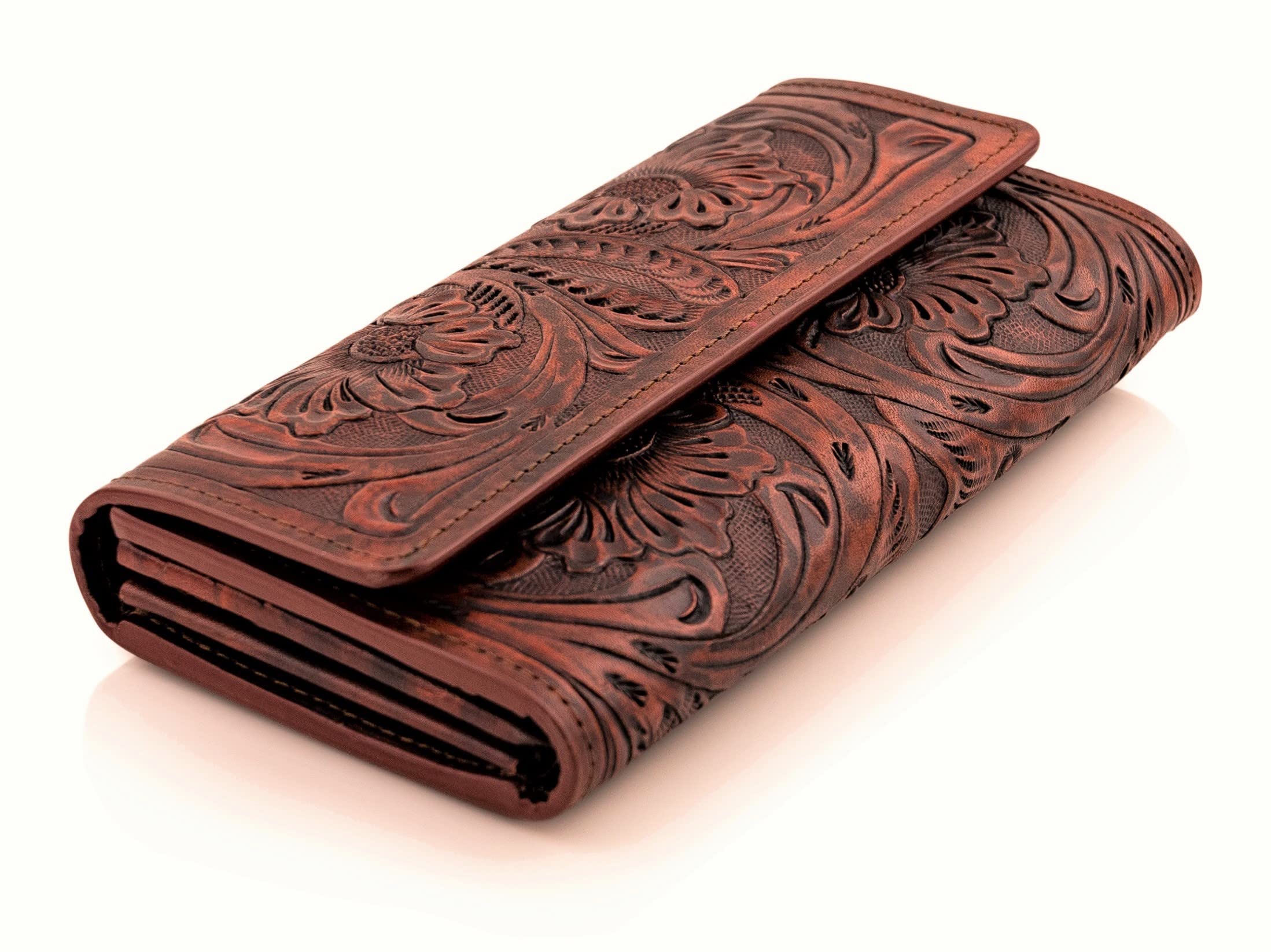 Mauzari Geneva Women's Tooled Leather Wallet - Genuine Koa Leather RFID Blocking Bifold Wallet for Women - Perfect for Everyday Use, Travel & Gift Giving