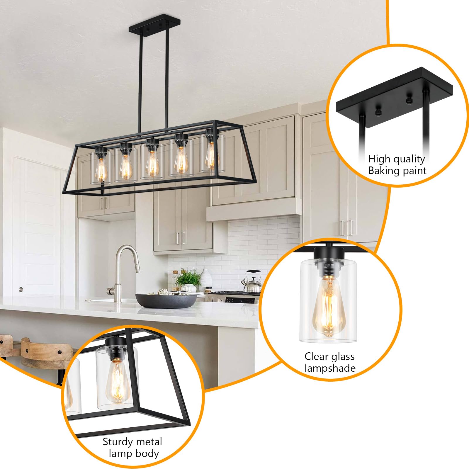 5-Light Black Farmhouse Chandelier for Kitchen Island & Dining Room - Rectangle Pendant Lighting with Clear Glass Cylinders - Perfect for Kitchen Counter, Breakfast Nook & Farmhouse Dining Areas