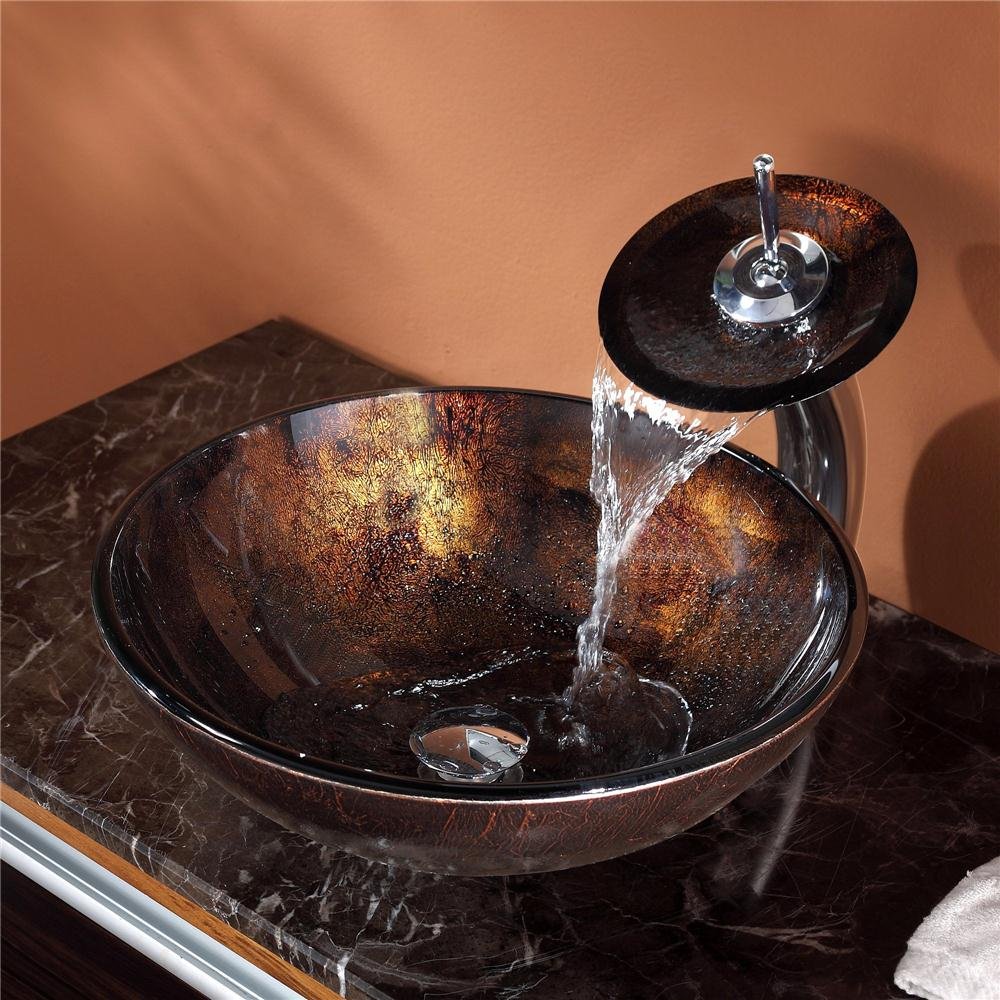 KRAUS Pluto Glass Vessel Bathroom Sink in Rich Brown with Chrome Waterfall Faucet - Modern Vanity Basin for Powder Room, Guest Bath, or Spa-Like Master Bath Retreat