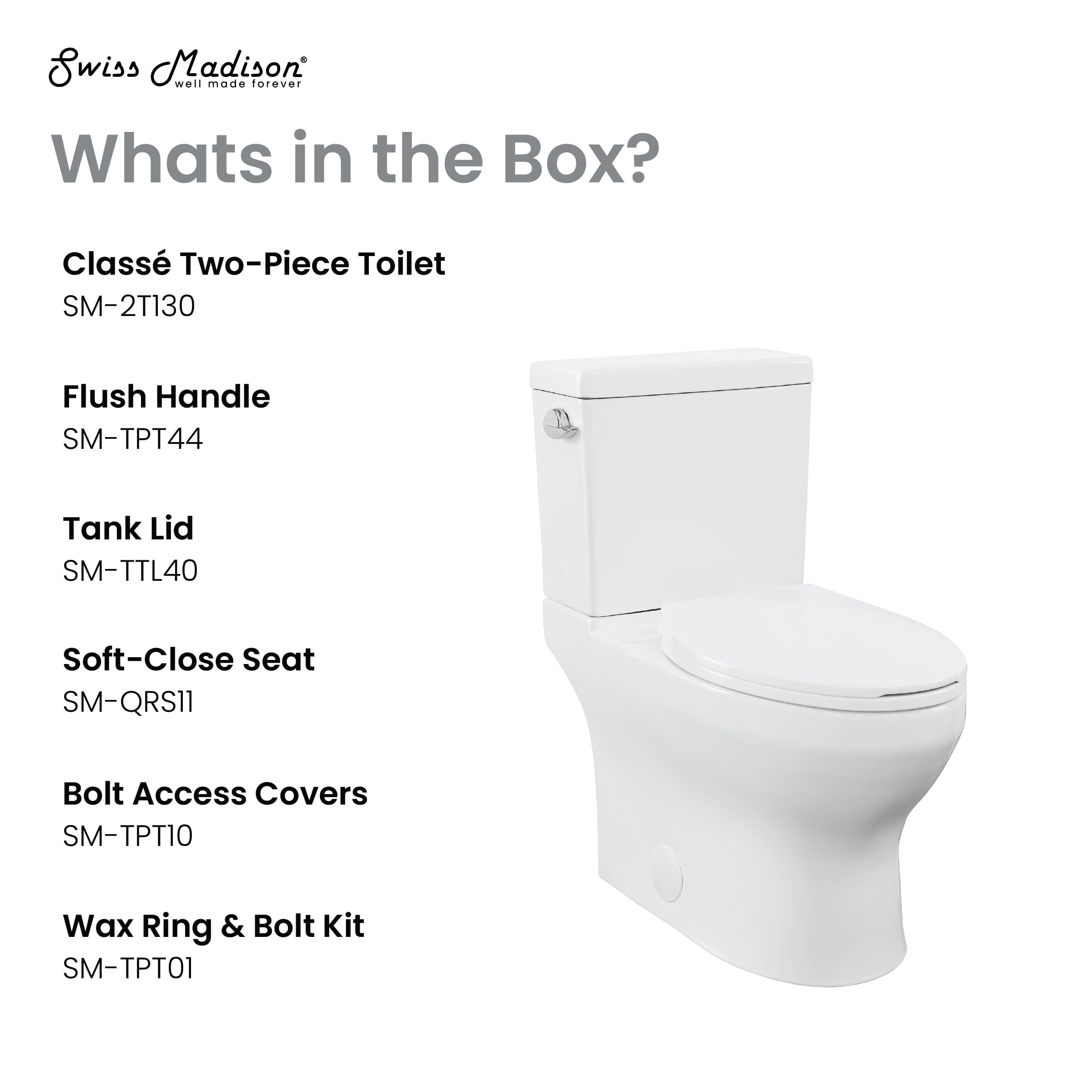 Swiss Madison Well Made Forever Classe Two-Piece Elongated Left Side Flush Handle Toilet 1.28 GPF - Modern Water-Efficient Bathroom Solution for Homes & Commercial Spaces