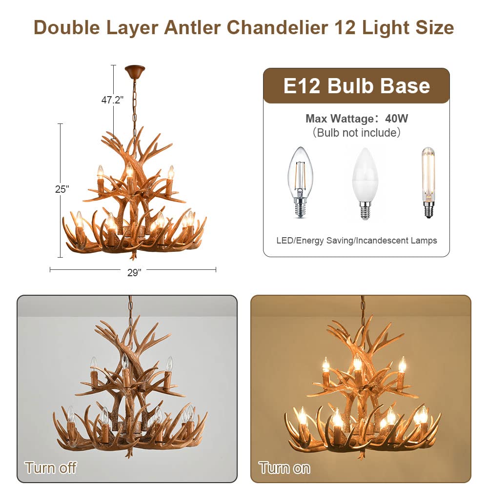 12-Light Resin Deer Antler Chandelier - Double Layer Rustic Country Style Horn Lighting Fixture for Living Room & Dining Room - Perfect for Cabin, Lodge, and Western-Themed Decor (15 Antlers)