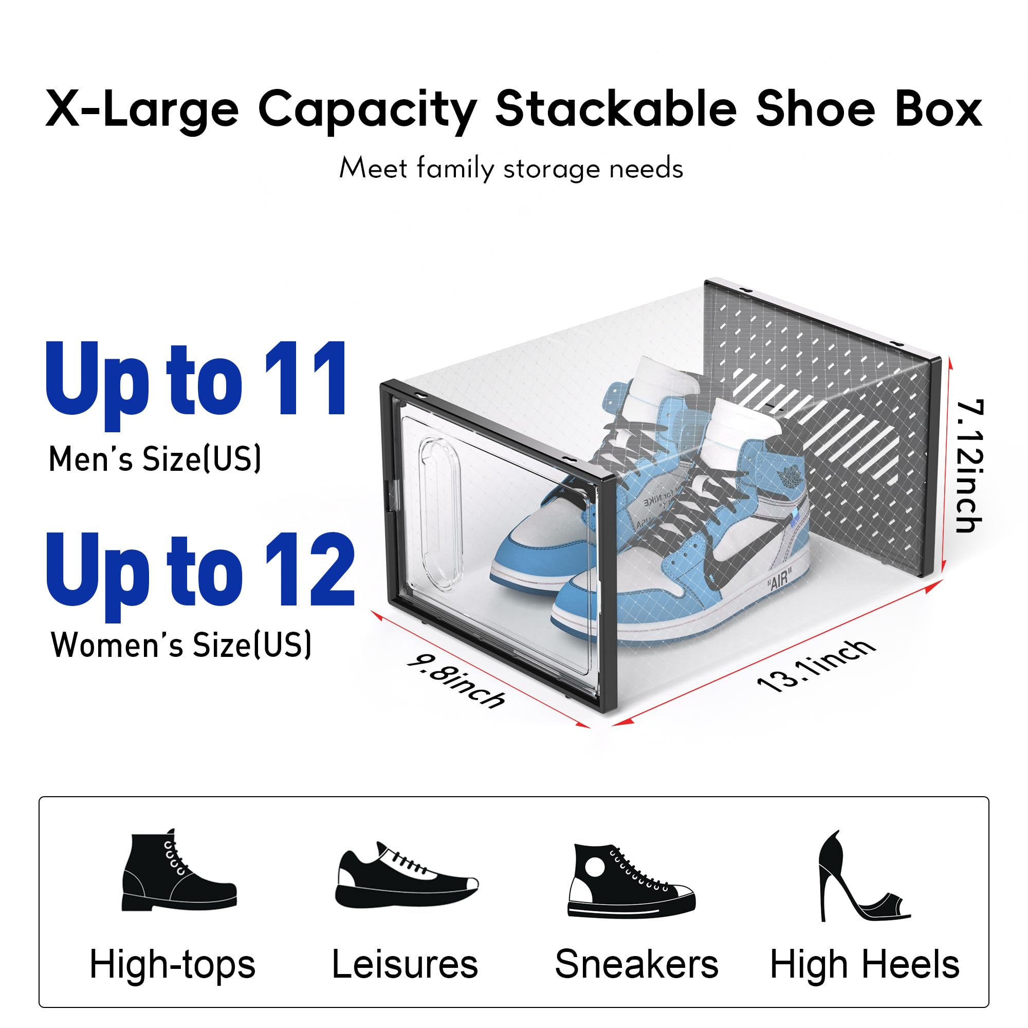eWonLife 12-Pack X-Large Clear Plastic Stackable Shoe Storage Boxes with Magnetic Door - Organizer for Sneakers, Boots & Heels up to Size 12 - Space-Saving Closet & Entryway Shoe Rack System for Home Organization