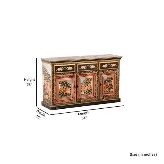 Hand Painted Mango Wood Sideboard - Multi-Color Rustic Buffet Cabinet for Dining Room, Living Room & Entryway Storage