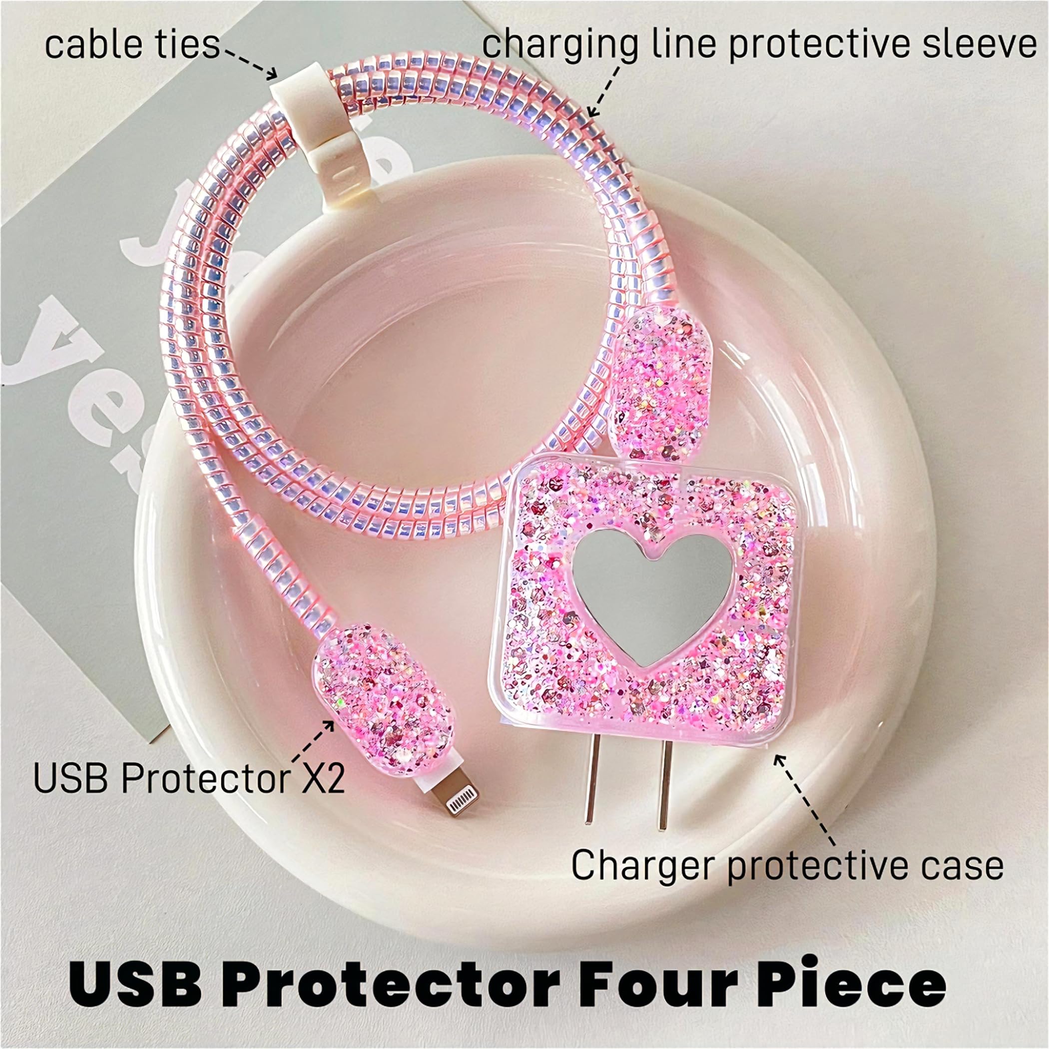 Premium iPhone 18W/20W Charger Cable Protector - Cute Heart Mirror Design, Soft Cord Saver for Women & Girls (Pink) | Perfect for Home, Office & Travel Accessories