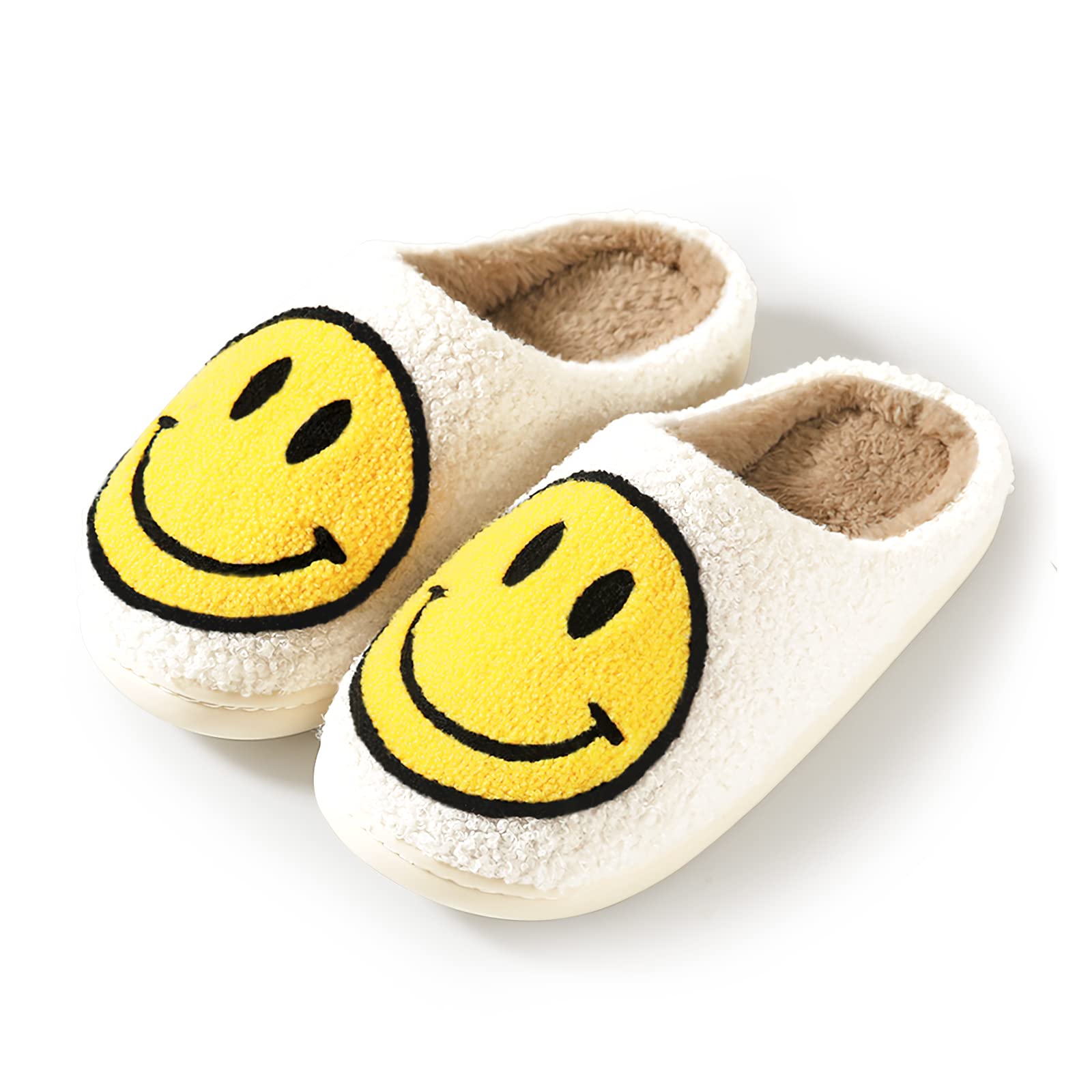 Trendy Preppy Smiley Face Slippers for Women & Men - Soft Furry Indoor/Outdoor Slides with Anti-Skid Sole - Perfect for Home, Dorm, or Lounge Wear
