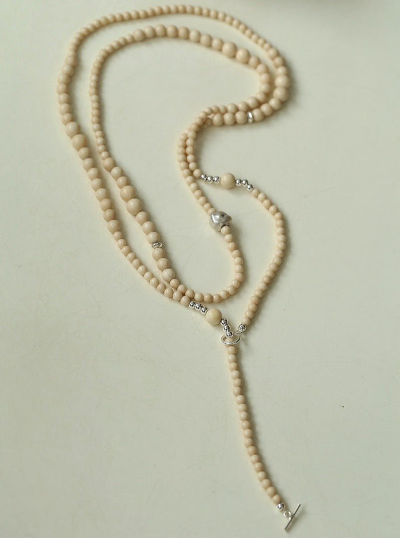 Gradient White Fossil and Silver Bead Long Beaded OT Clasp Necklace for Women - Boho Chic Jewelry for Layering, Wedding, Party & Everyday Wear
