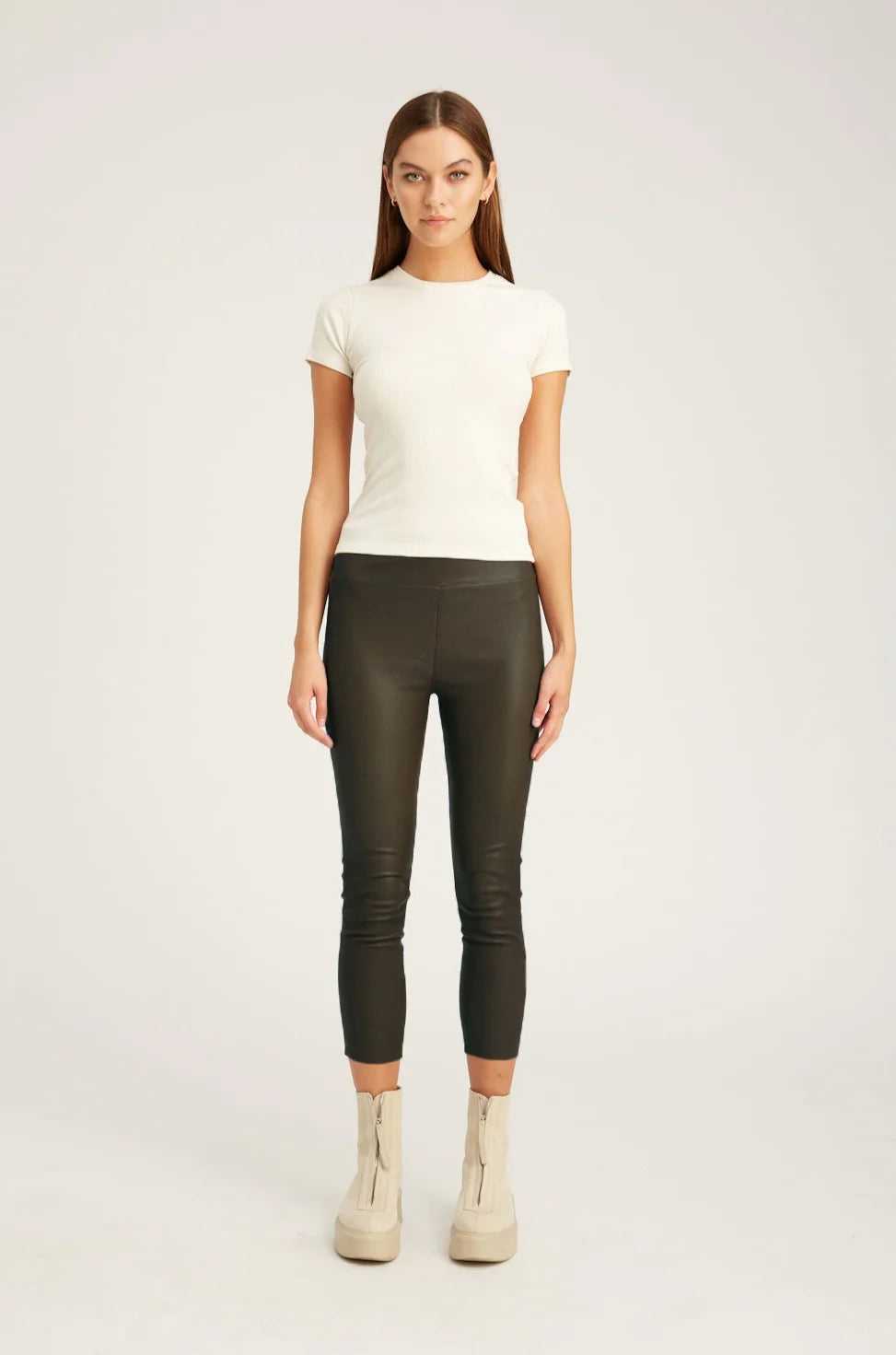 Premium Capri Leather Leggings for Women - High Waisted Faux Leather Pants - Stretchy Vegan Leather Leggings for Yoga, Workout & Casual Wear