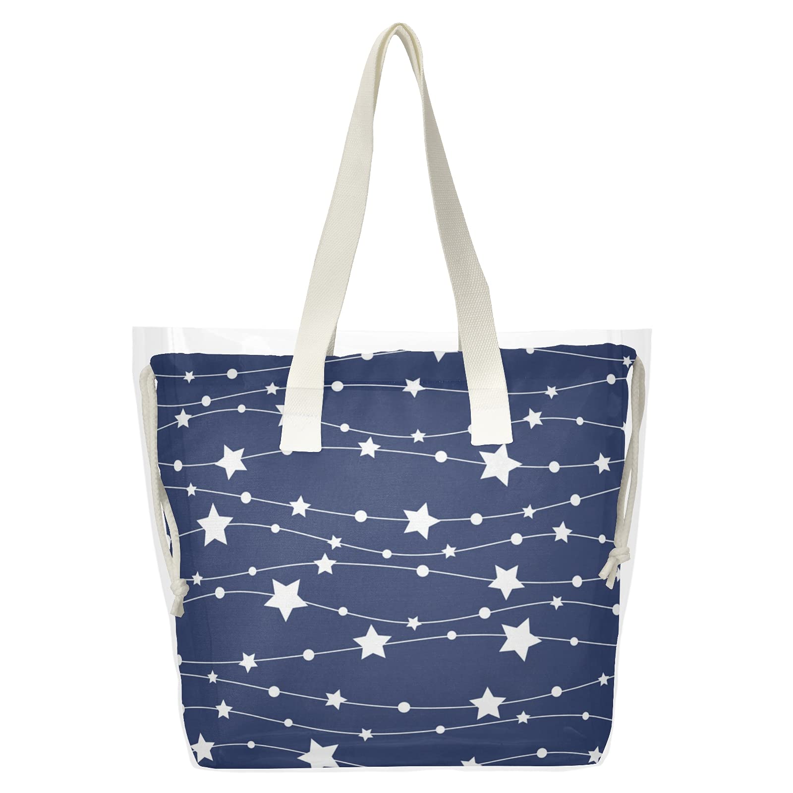 Waterproof Clear Beach Tote Bag with Star & Stripes Design - Navy Blue TPU Shoulder Bag for Women, 2-in-1 Shopping Handbag Perfect for Travel, Gym, Office & Summer Outings