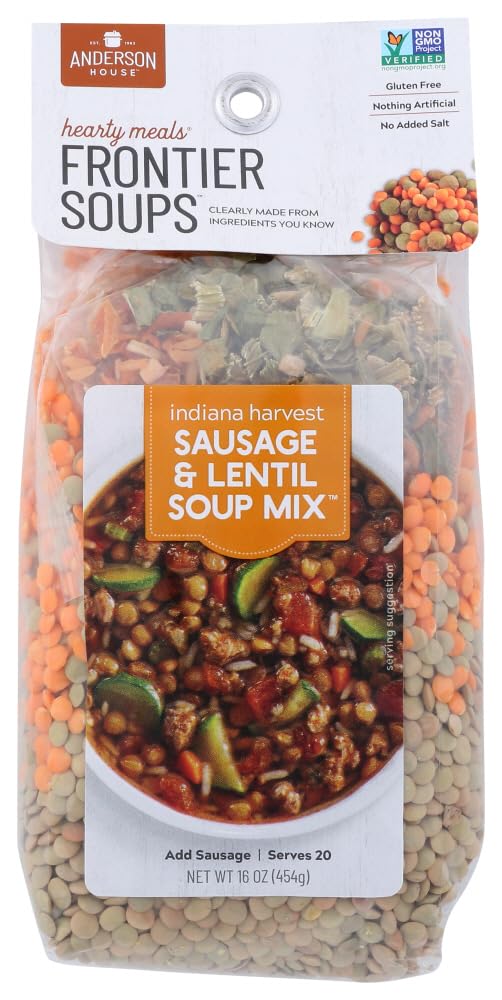 Frontier Soups Indiana Harvest Sausage & Lentil Soup Mix - Gluten Free, Non-GMO, 16 oz (Pack of 2) - Hearty & Flavorful Meal for Fall & Winter, Easy Homemade Dinner Solution