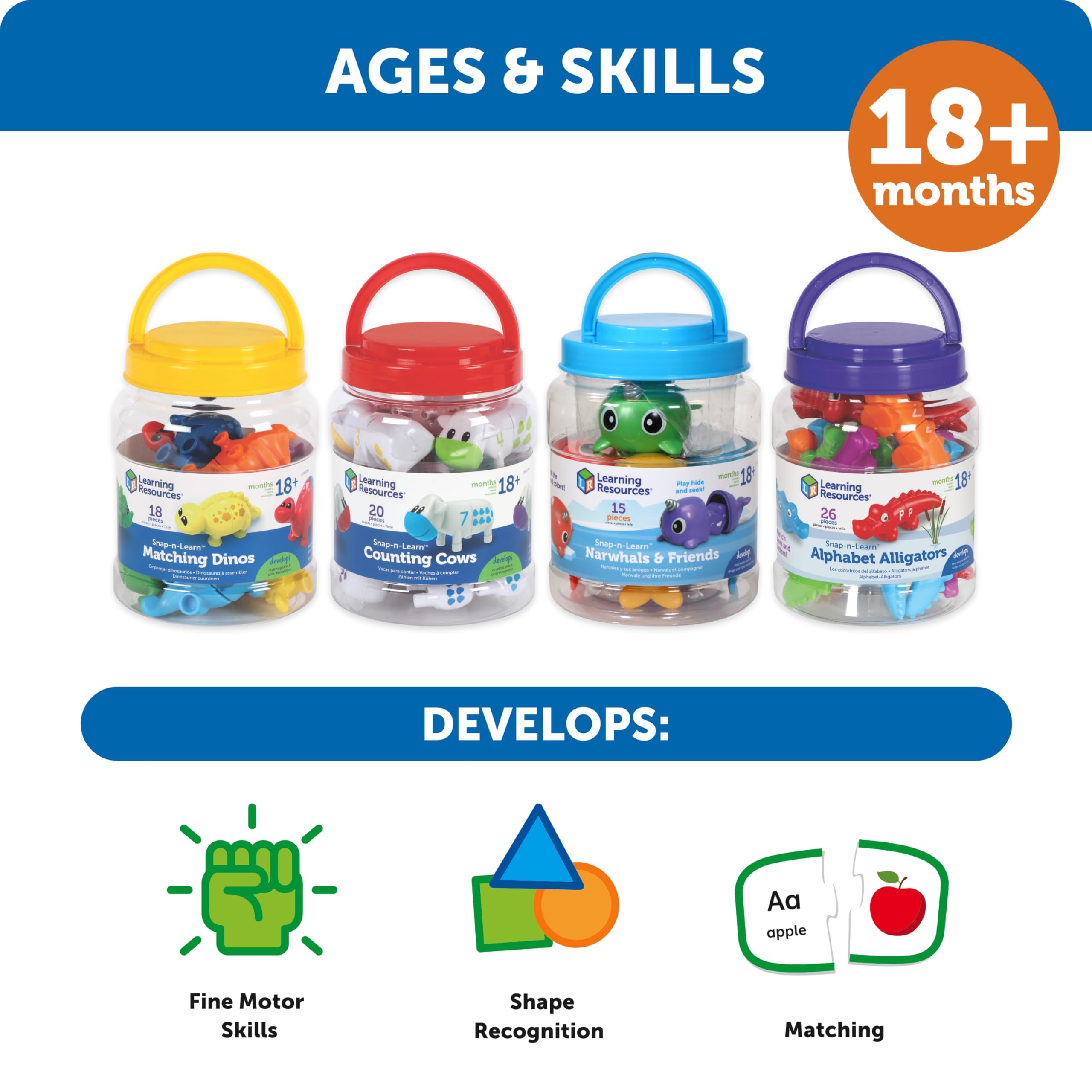 Learning Resources Snap-n-Learn Matching Dinos - 18 Piece Dinosaur Counting & Sorting Toy Set for Toddlers 18+ Months, Fine Motor Skills Development, Shape Recognition, Sensory Bin Play | Perfect for Preschool Learning, Daycare Activities & Educational Playtime