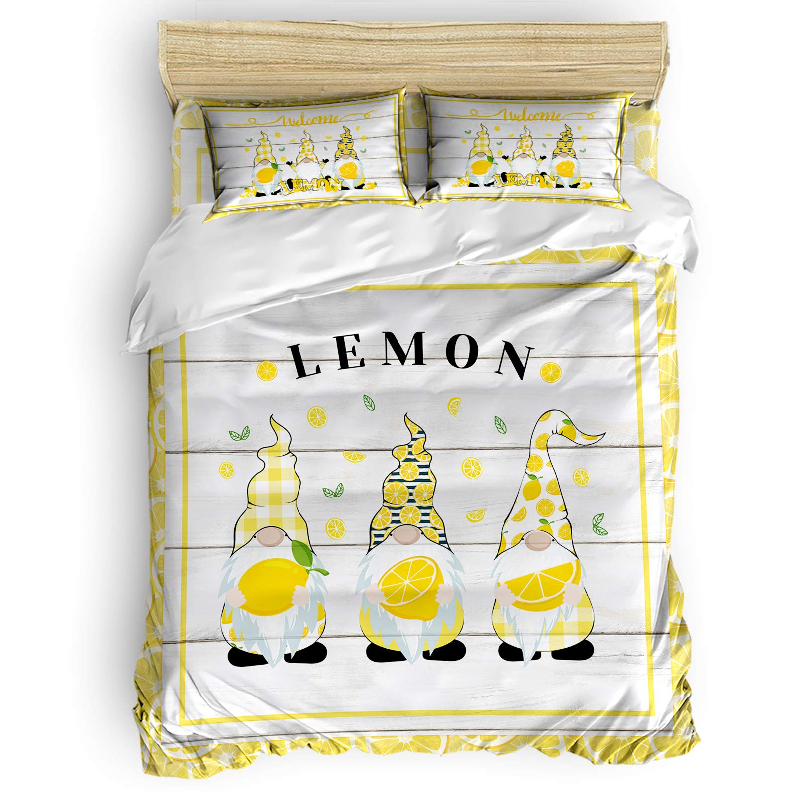 Queen Size Duvet Cover Set - 4 Piece Summer Lemon Gnome Print Bedding with Rustic Wood Grain Design, Breathable Comforter Cover, Flat Sheet & Pillowcases - Perfect for Bedroom Decor & Cozy Summer Nights