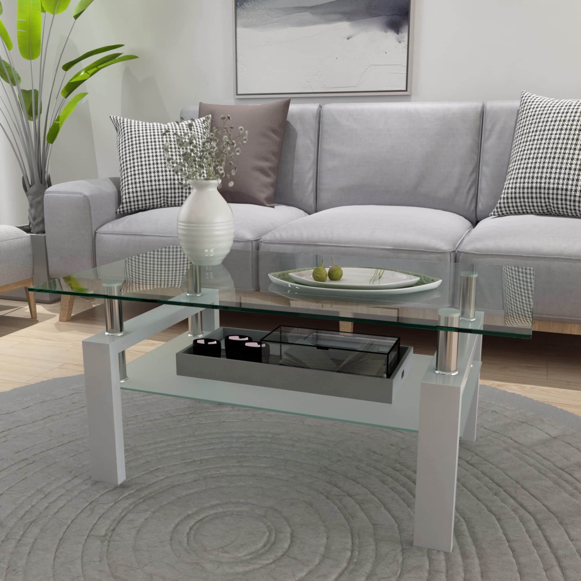 Modern White Glass Rectangle Coffee Table with Lower Shelf & Metal Legs - Stylish Living Room Furniture for Conversation, Leisure & Home Decor