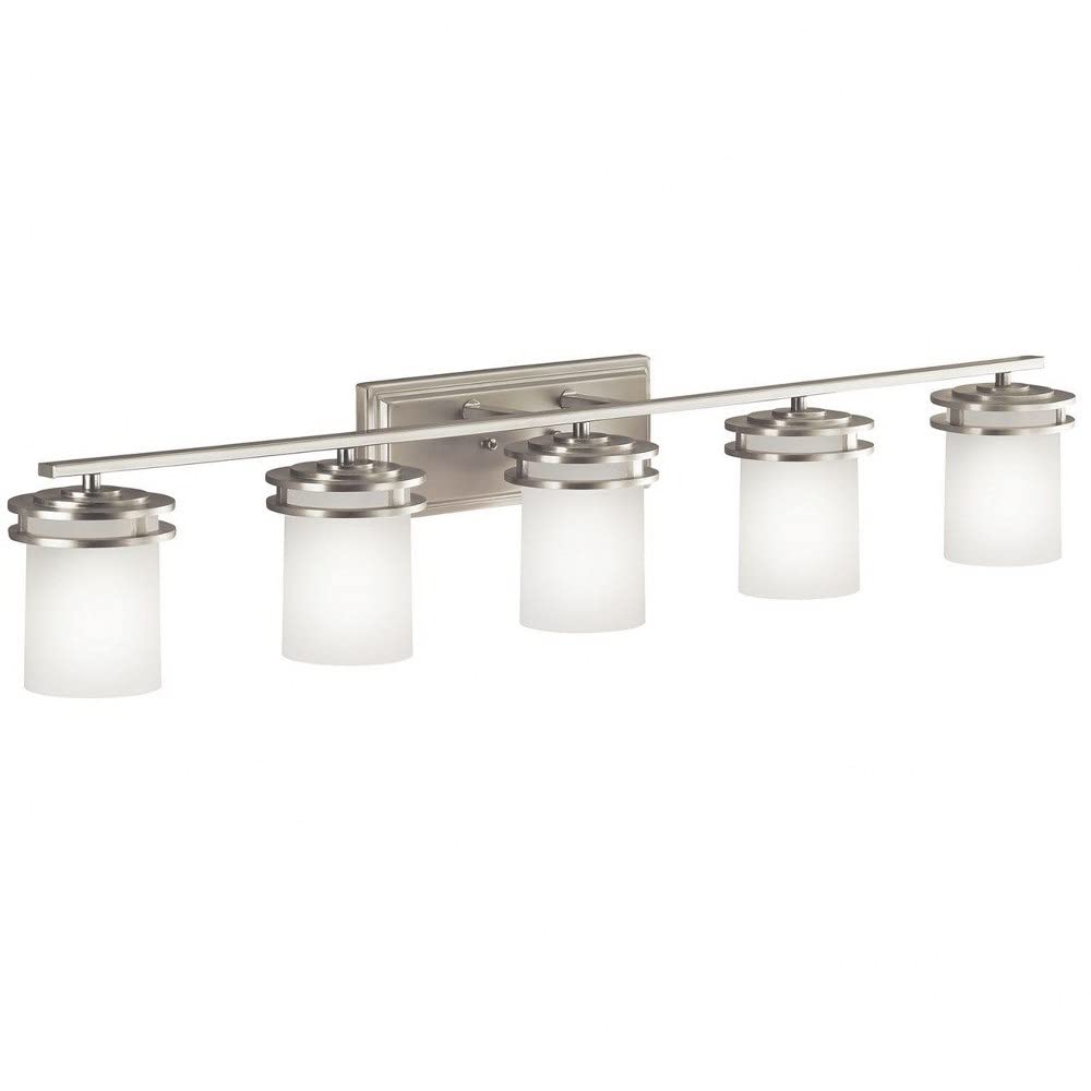 Kichler Hendrik 43-Inch 5-Light Bathroom Vanity Light Fixture - Satin Etched Cased Opal Glass with Chrome Finish - Perfect for Modern Bathroom, Powder Room, and Dressing Room Lighting