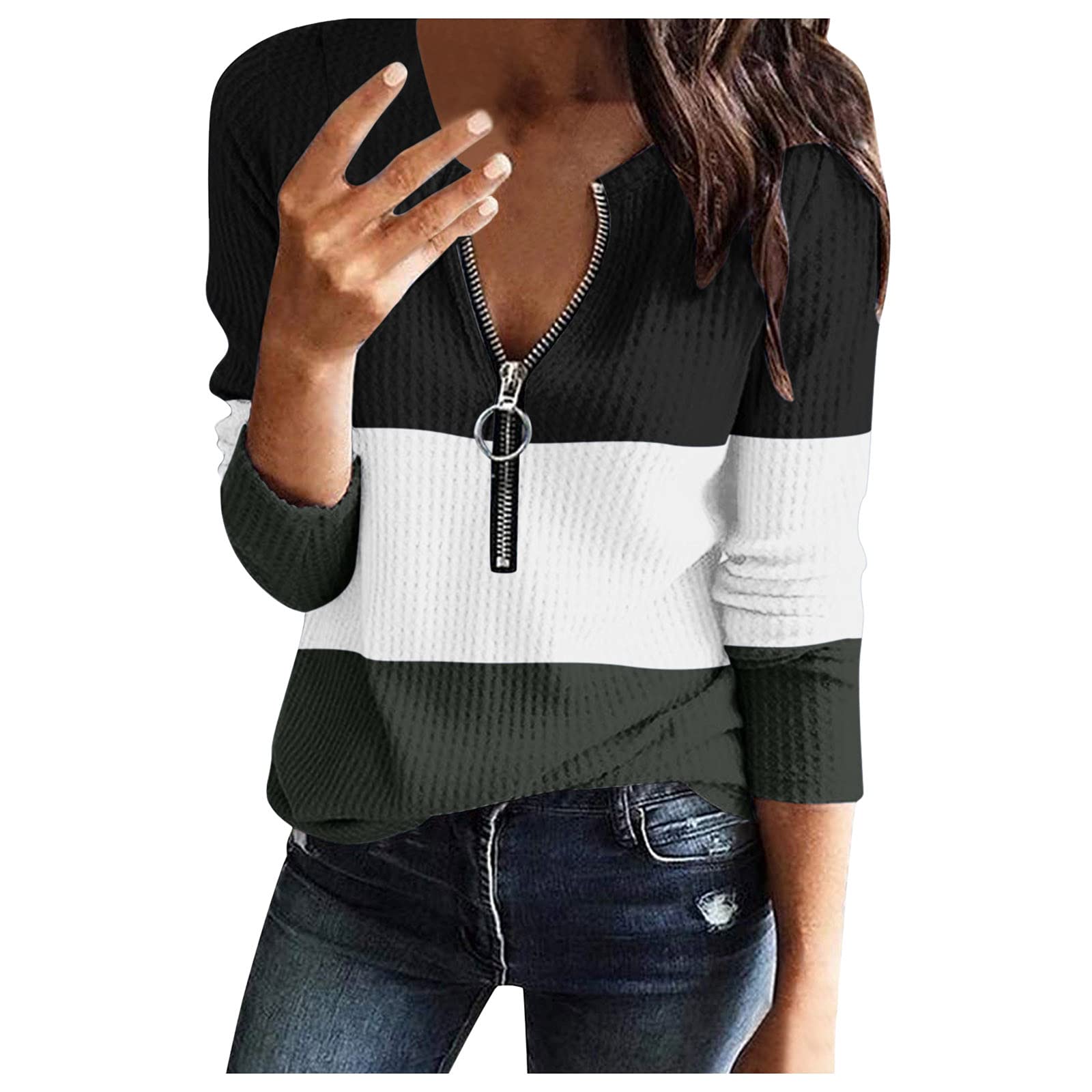 Women's Long Sleeve Waffle Knit Tunic Top - V Neck Henley Loose Blouse for Casual Wear, Layering & Fall Fashion