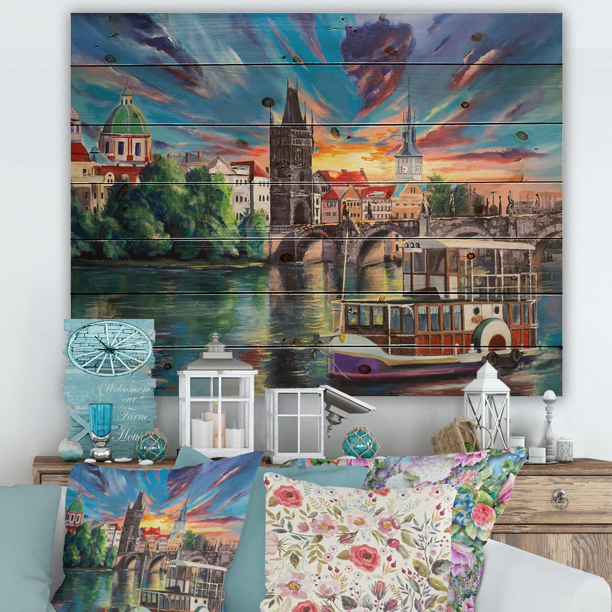 DesignQ Cityview of Prague Sunset Children's Art Wood Wall Decor - Large Green Fantasy Wood Wall Panels Printed on Natural Pine - Perfect for Nursery, Kids Room & Bohemian Home Decor