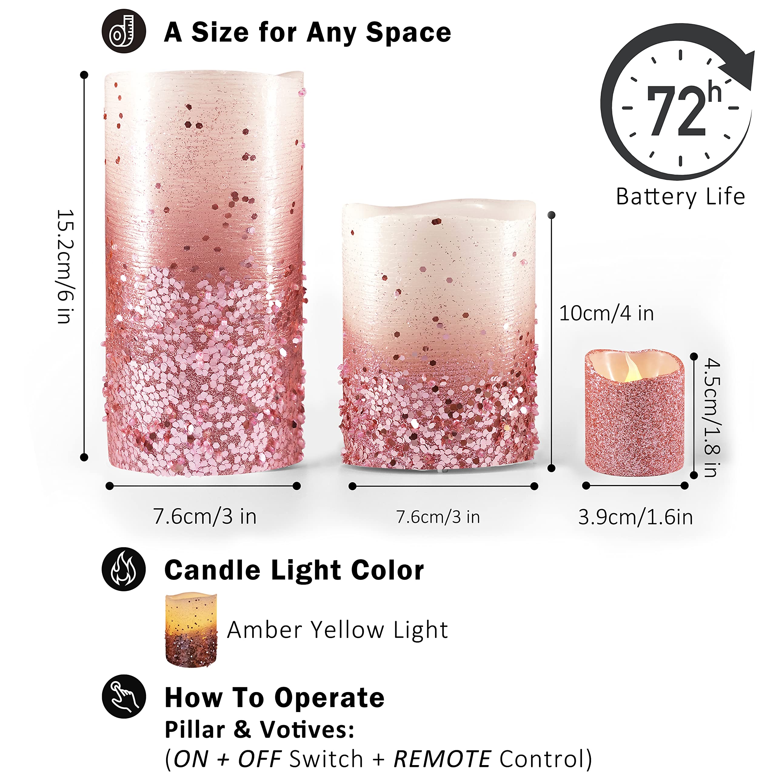 FURORA LIGHTING Pink Glitter LED Candles with Remote & Timer - 4 Pillar & 4 Votive Flameless Candles Set of 8, Real Wax Battery-Operated Flickering Candles for Home Decor, Wedding, Party & Holiday Lighting
