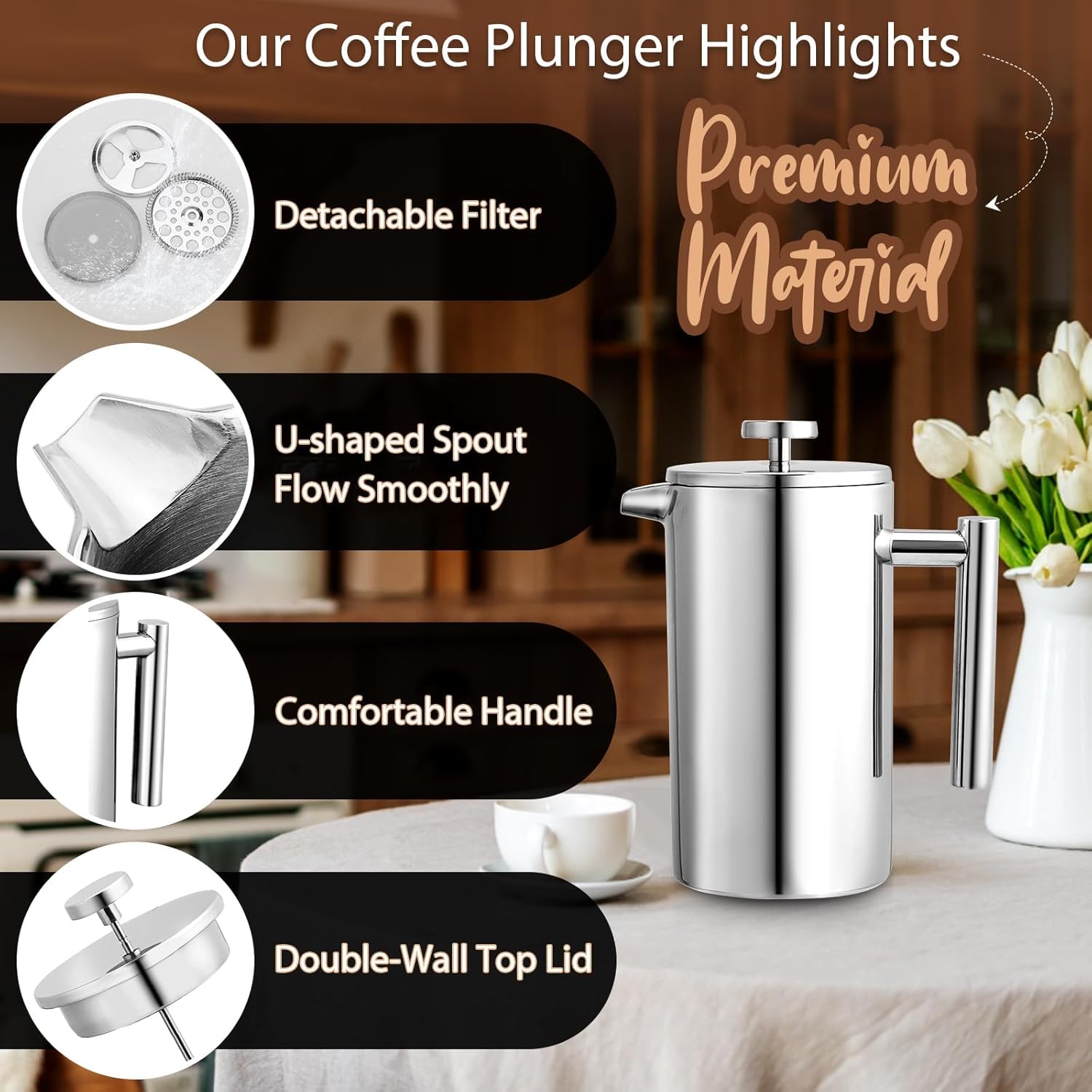 Premium 21Oz Stainless Steel French Press Coffee Maker - 3-Level Filtration System, Double Wall Insulated, Includes 4 Filters & Metal Spoon - Perfect for Home, Office & Camping Coffee Brewing
