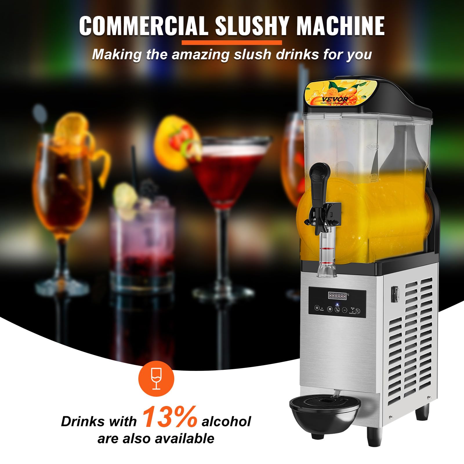 VEVOR 12L/3.2Gal Commercial Slushy Machine - Stainless Steel Frozen Drink Maker for Margaritas, Smoothies & Cocktails - 500W Slushie Machine for Home, Party, Restaurant, Cafe & Bar Use - Perfect for Summer Parties, Business Events & Cocktail Making