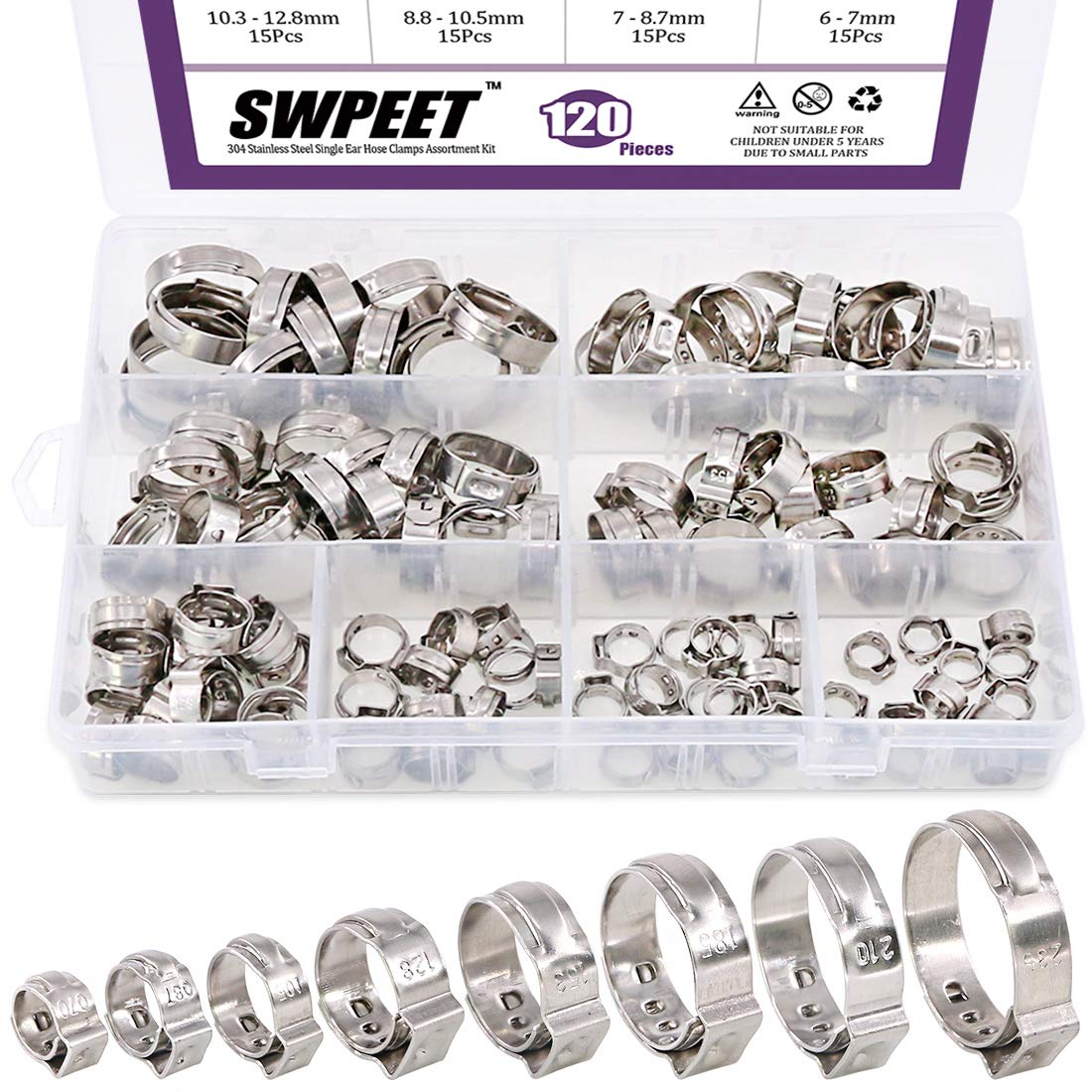 Swpeet 155Pcs Single Ear Hose Clamps Assortment Kit - Stainless Steel Hose Clamp Set for Automotive, Plumbing & Marine Applications - Perfect for Pipe Repair, Water Lines & Fuel Hoses