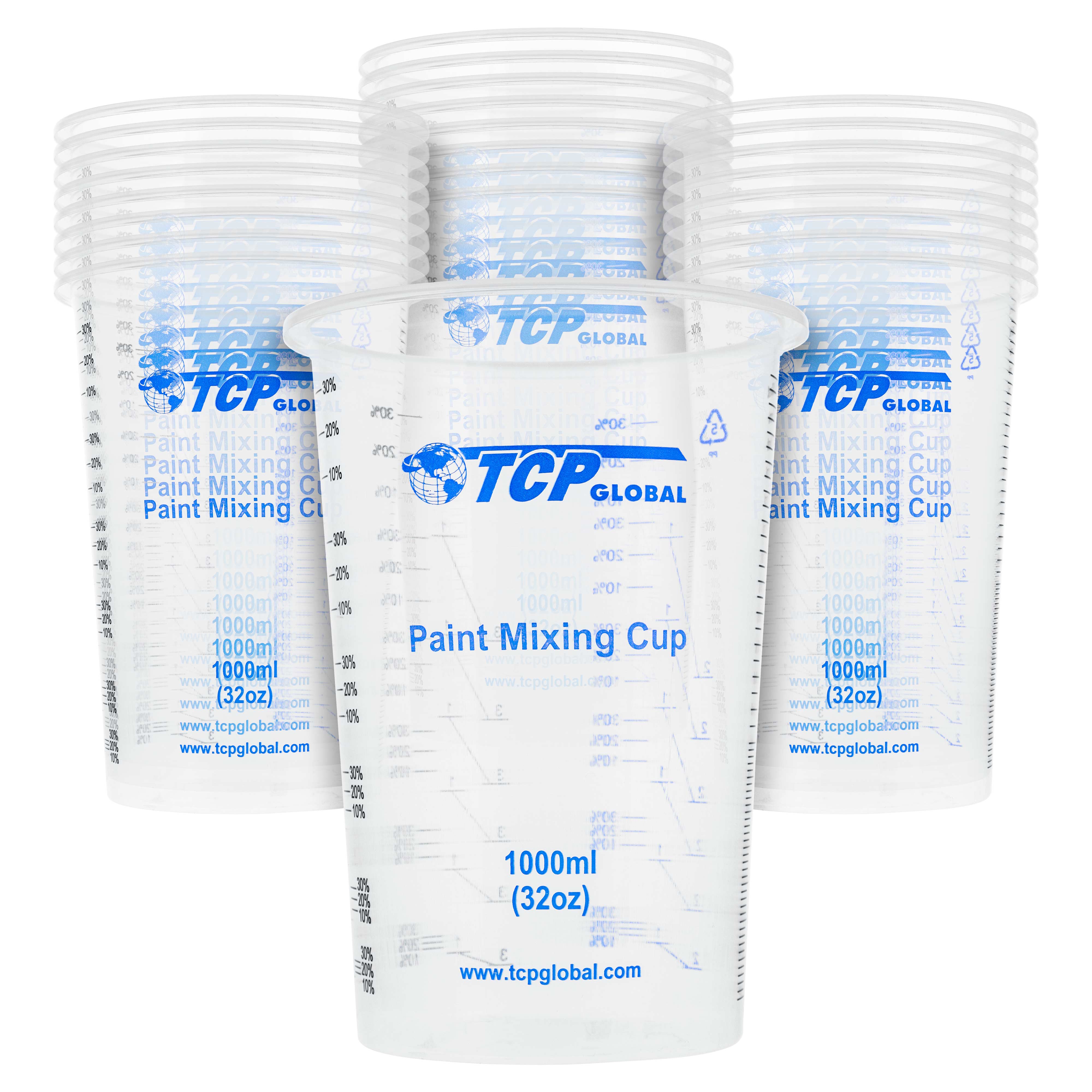 TCP Global 32oz (1000ml) Disposable Plastic Mixing Cups - Clear Graduated Measuring Cups for Paint, Resin, Epoxy, Art & Kitchen Use - Pack of 25 - Perfect for DIY Projects, Baking & Crafting