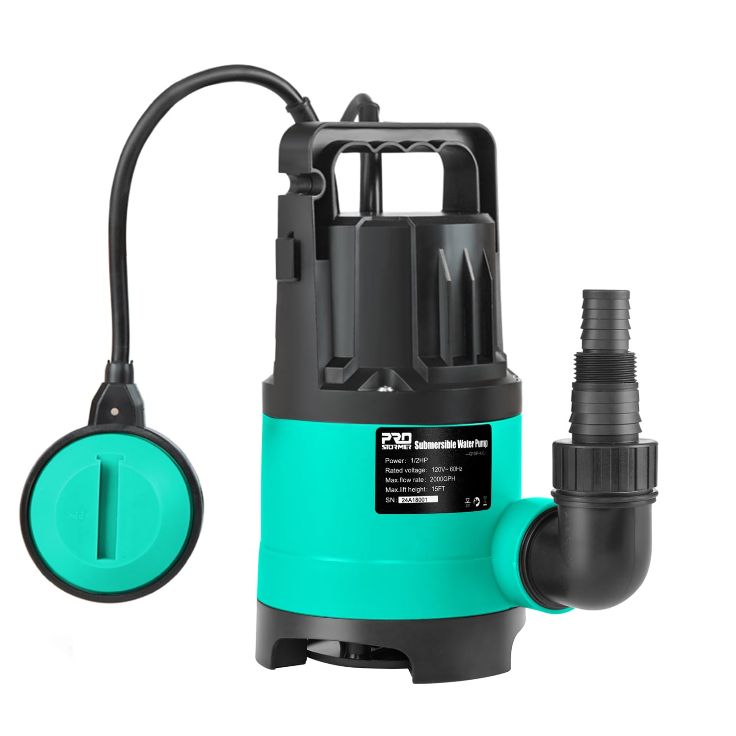 Prostormer 2000GPH 1/2 HP Submersible Sump Pump with Built-in Float Switch - Portable Utility Water Pump with 15ft Cord - Ideal for Swimming Pool, Garden, Bathtub & Pond Draining - Heavy Duty Water Removal for Floods, Basements & Emergency Use