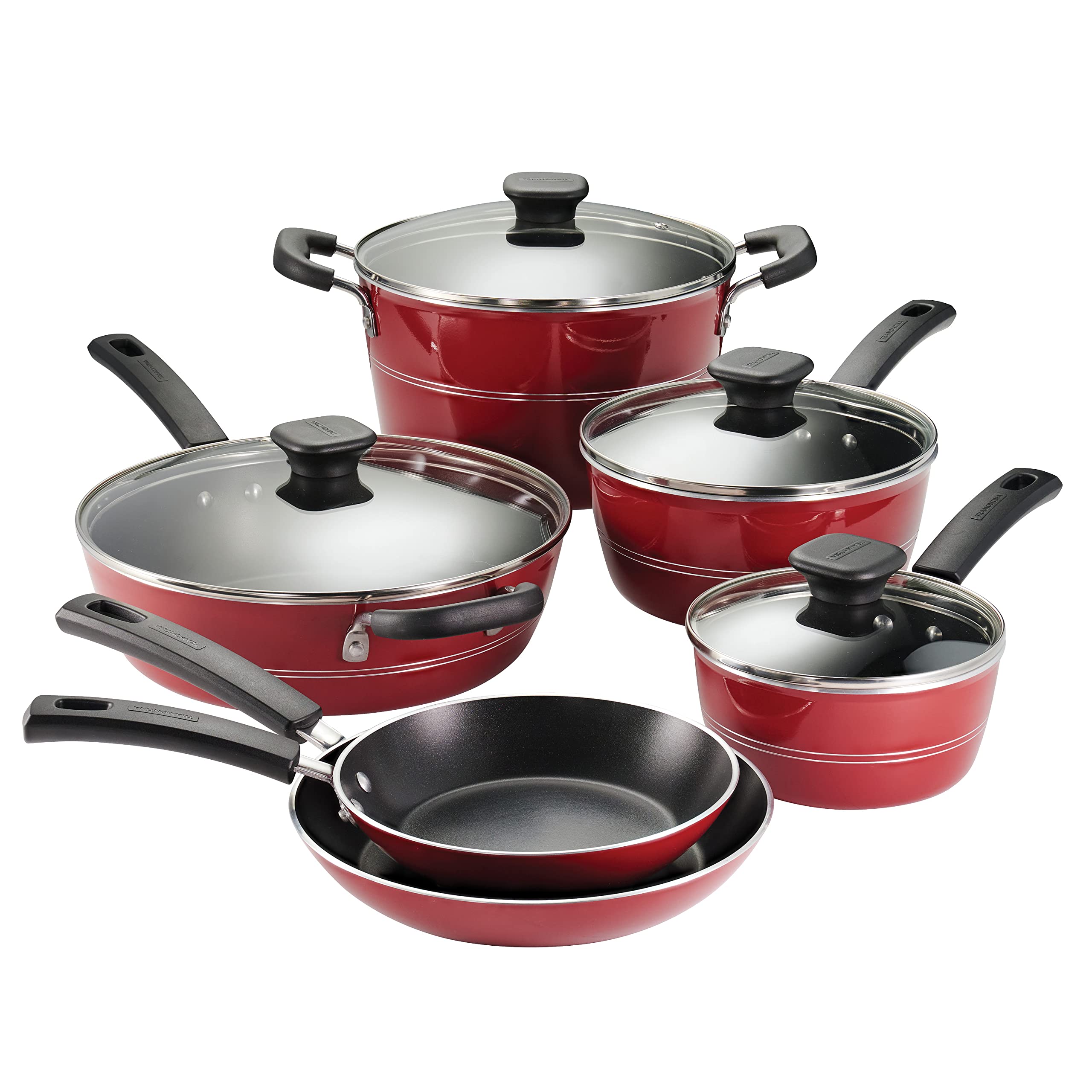 Tramontina Sicilia 10-Piece Nonstick Cookware Set with Glass Lids - Aluminum Pots and Pans Kitchen Set (Raspberry) - Perfect for Sauteing, Frying & Everyday Cooking