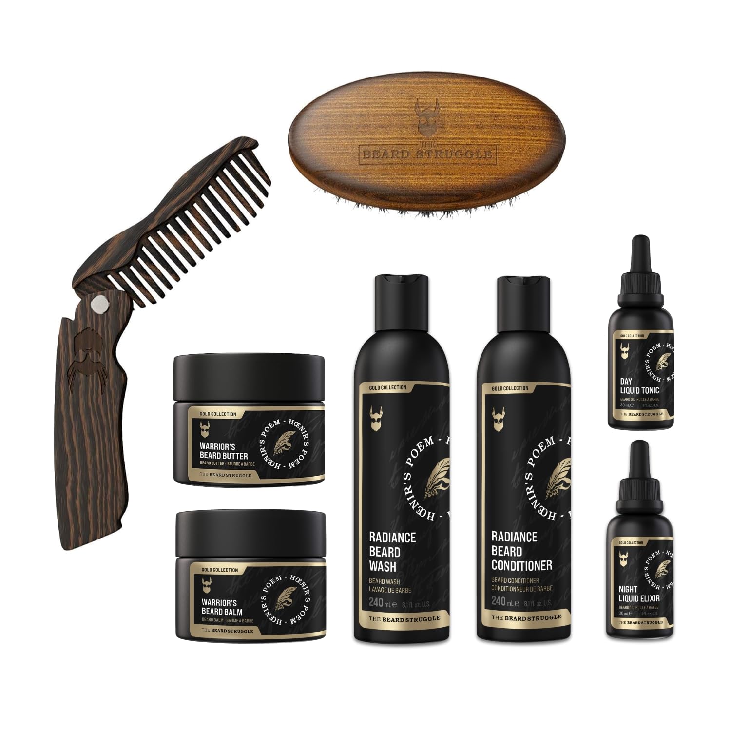 The Beard Struggle Ultimate Beard Growth Kit for Men - Beard Balm, Butter, Brush, Comb, Oil, Wash & Conditioner - Moisturizing & Softening Beard Care Set - Hoenir's Poem Gold Collection - Perfect for Daily Grooming & Styling