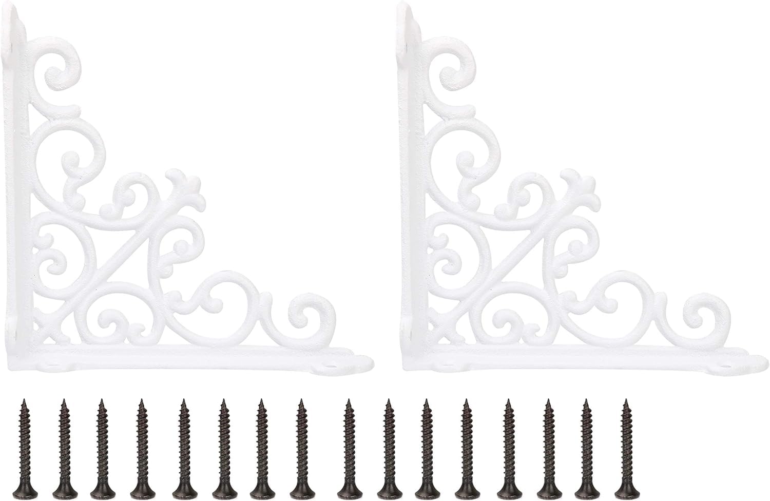 7 Inch White Cast Iron Decorative Shelf Bracket - Set of 2 - Heavy Duty Wall Mount Brackets for Floating Shelves, Bookshelves & Home Decor