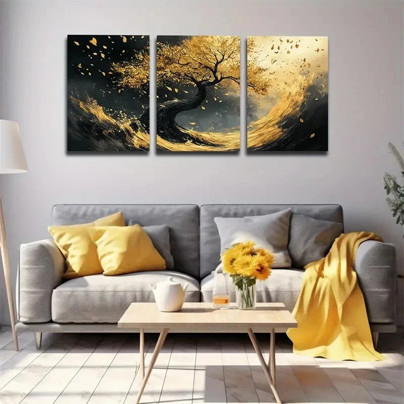 Noble Black and Golden Tree Wall Art Set - 3pc Framed Canvas 40x60cm | High Quality Print | 100% Australian Made | Ready to Hang | Perfect for Living Room, Bedroom & Office Decor