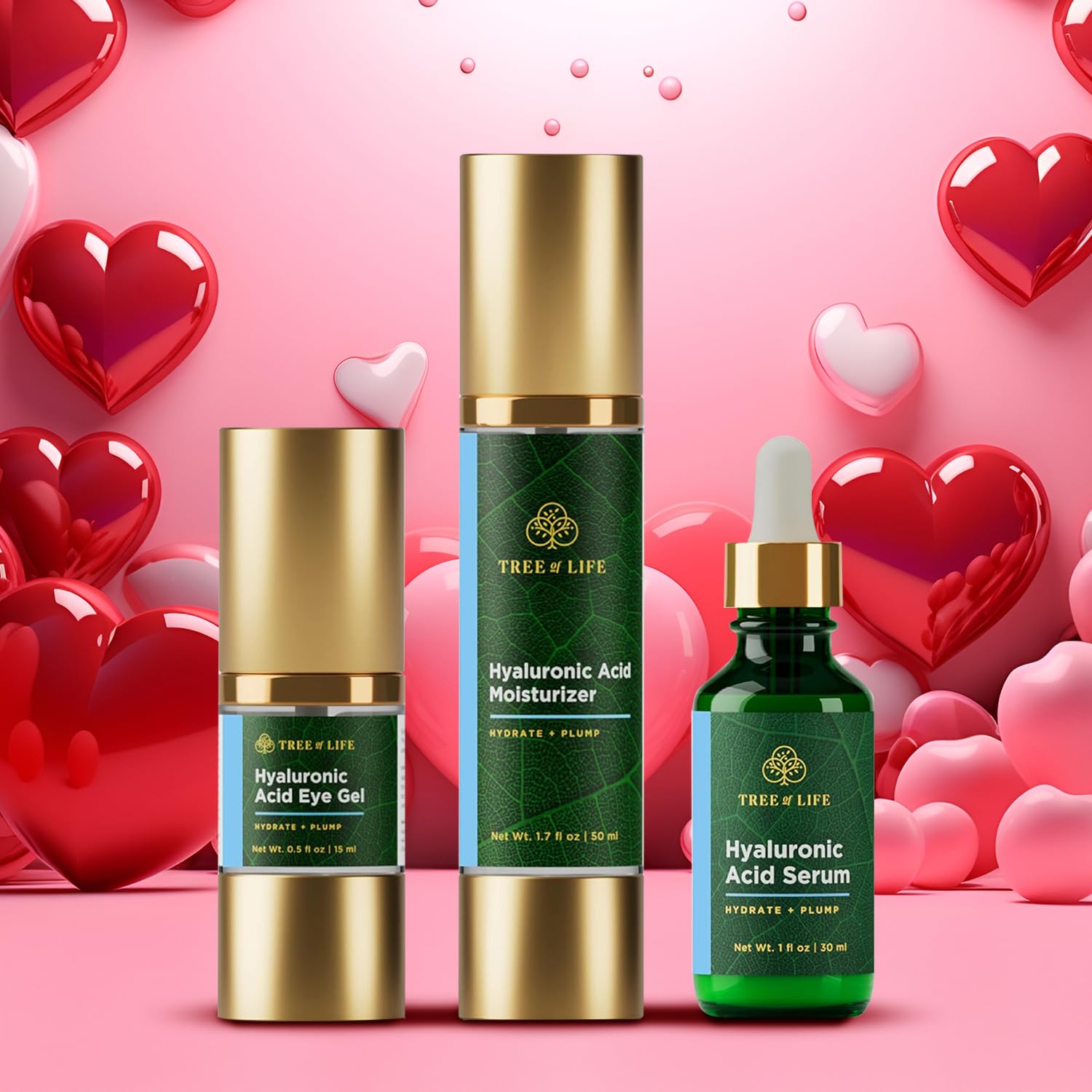 Hyaluronic Acid Face Moisturizer 3-Pack Set - Hydrating Serum, Cream & Eye Gel for Dry Skin | Complete Skincare Routine for Day & Night Use
