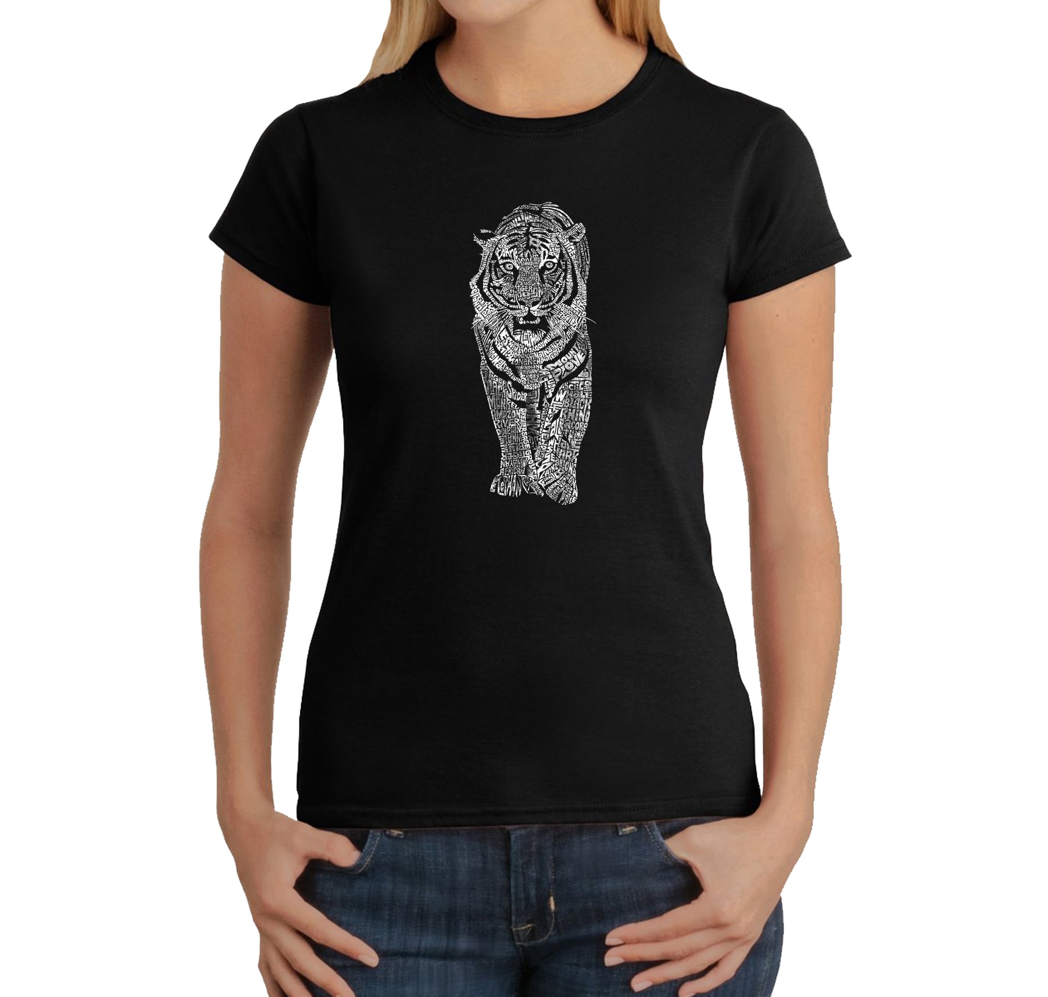 LA POP ART Women's Word Art Graphic T-Shirt - Tiger Print Casual Tee for Streetwear & Everyday Fashion
