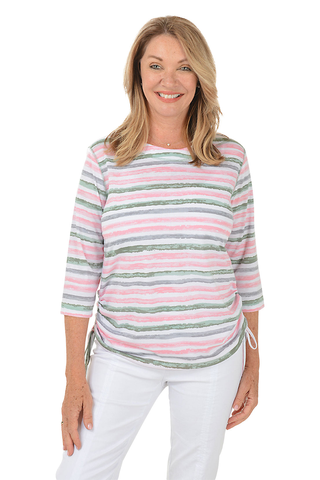 Flower Secret Stripe Side Shirred Top Women's Fashion Blouse - Perfect for Spring Outfits, Date Nights & Casual Wear