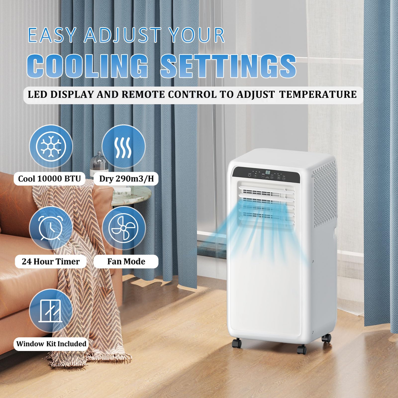 10,000 BTU Portable Air Conditioner - 3-in-1 Cooling Unit with Built-in AC, Dehumidifier & Fan | Covers Up to 500 Sq.Ft | Remote Control & 24-Hour Timer | Perfect for Bedrooms, Apartments & Small Offices | Stay Cool All Summer Long
