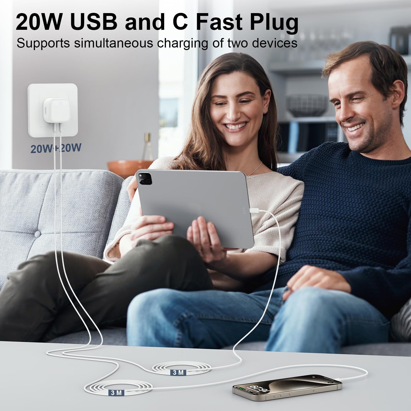 20W USB C Fast Charger for iPhone 15 Pro Max - PD Quick Charge Power Adapter with 3M Cable Compatible with iPhone 15/15 Pro/15 Pro Max, iPad Pro/Air/Mini - Perfect for Home, Office & Travel Charging