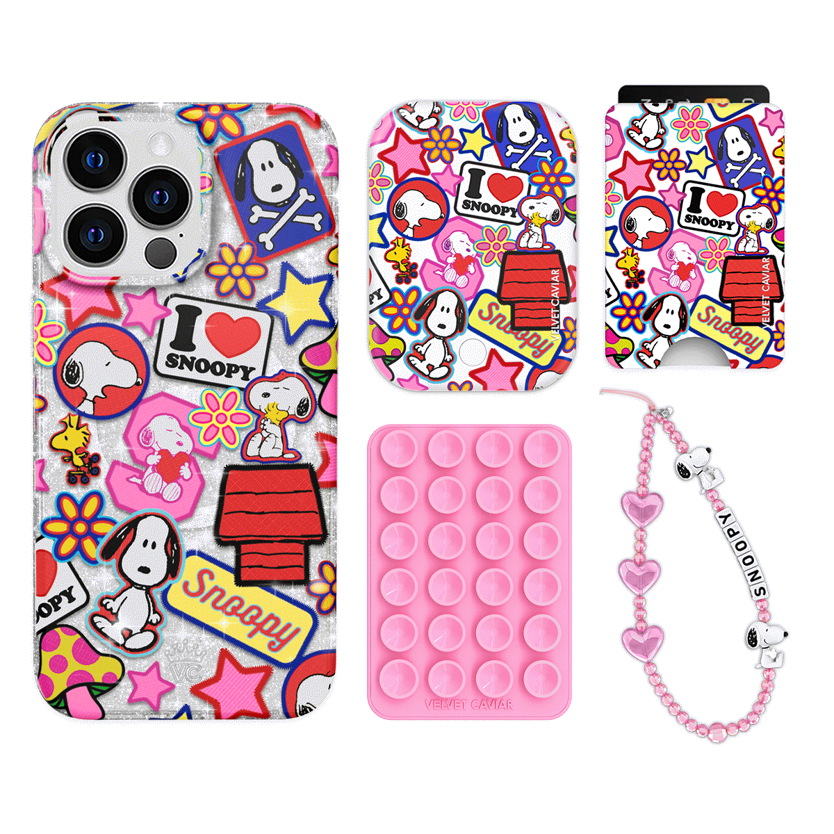 Snoopy Glitter iPhone Case with Wallet - Cute Cartoon Patchwork Design for iPhone 13/14/15 Pro Max - Perfect for School, Work & Travel Accessories
