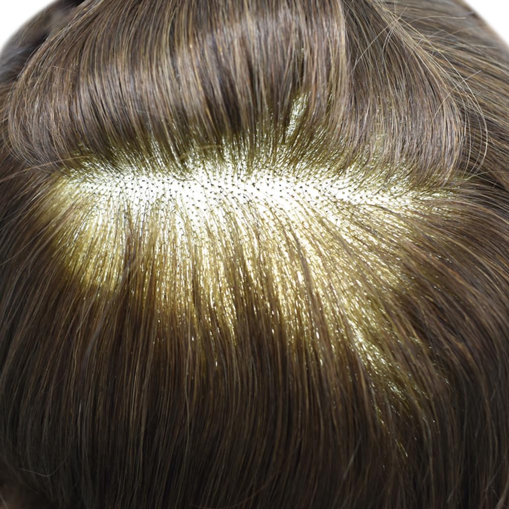 Premium Men's Toupee - European Human Hair Replacement System - Durable Fine Monofilament with Poly Coating - 3# Dark Brown - Medium Density 6x9 - Natural Looking Hairpiece for Daily Wear & Special Occasions