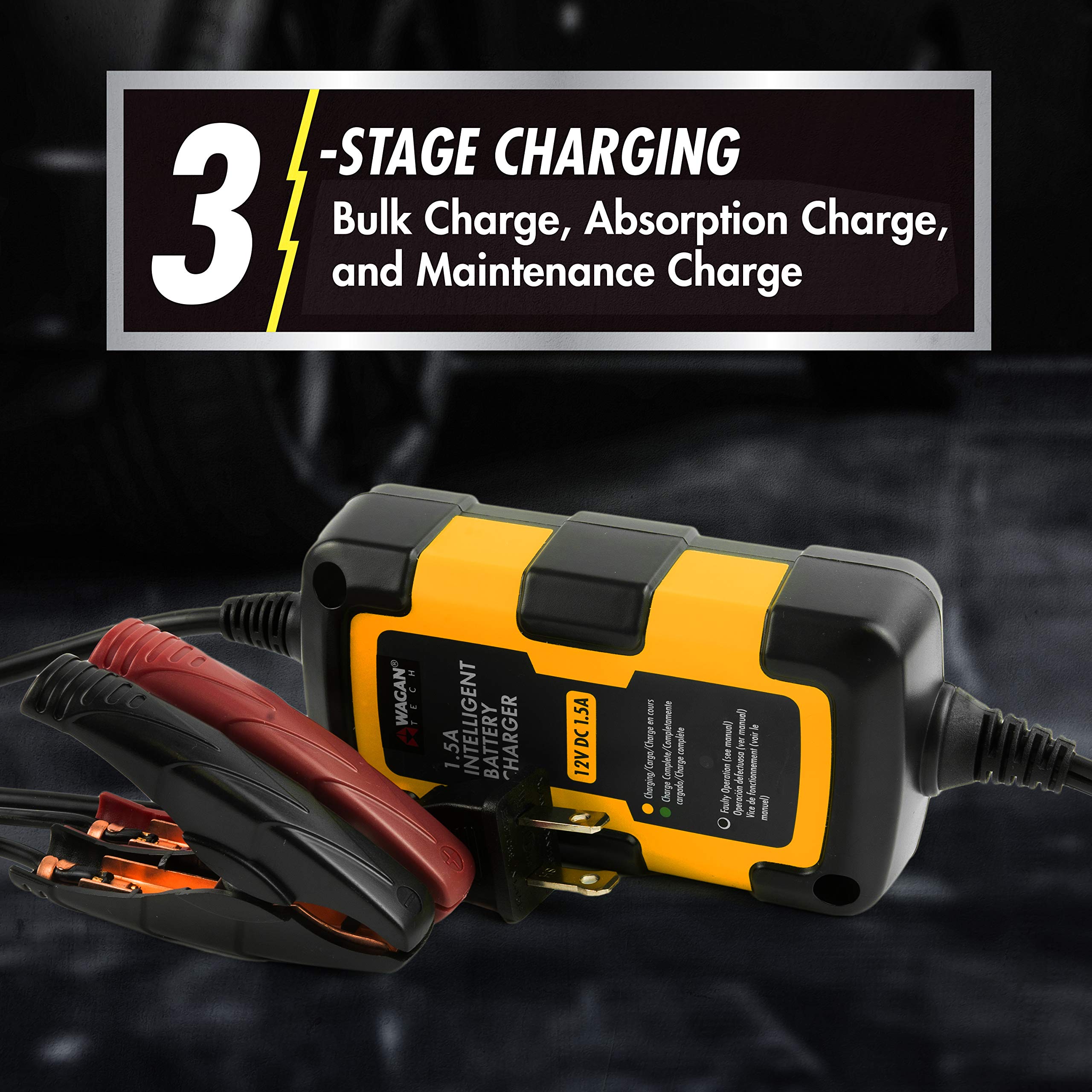 Wagan EL7402 12V 1.5A Smart Battery Charger & Maintainer - Fully Automatic for Cars, Motorcycles, Boats & RVs - Ideal for Long-Term Storage & Winter Maintenance