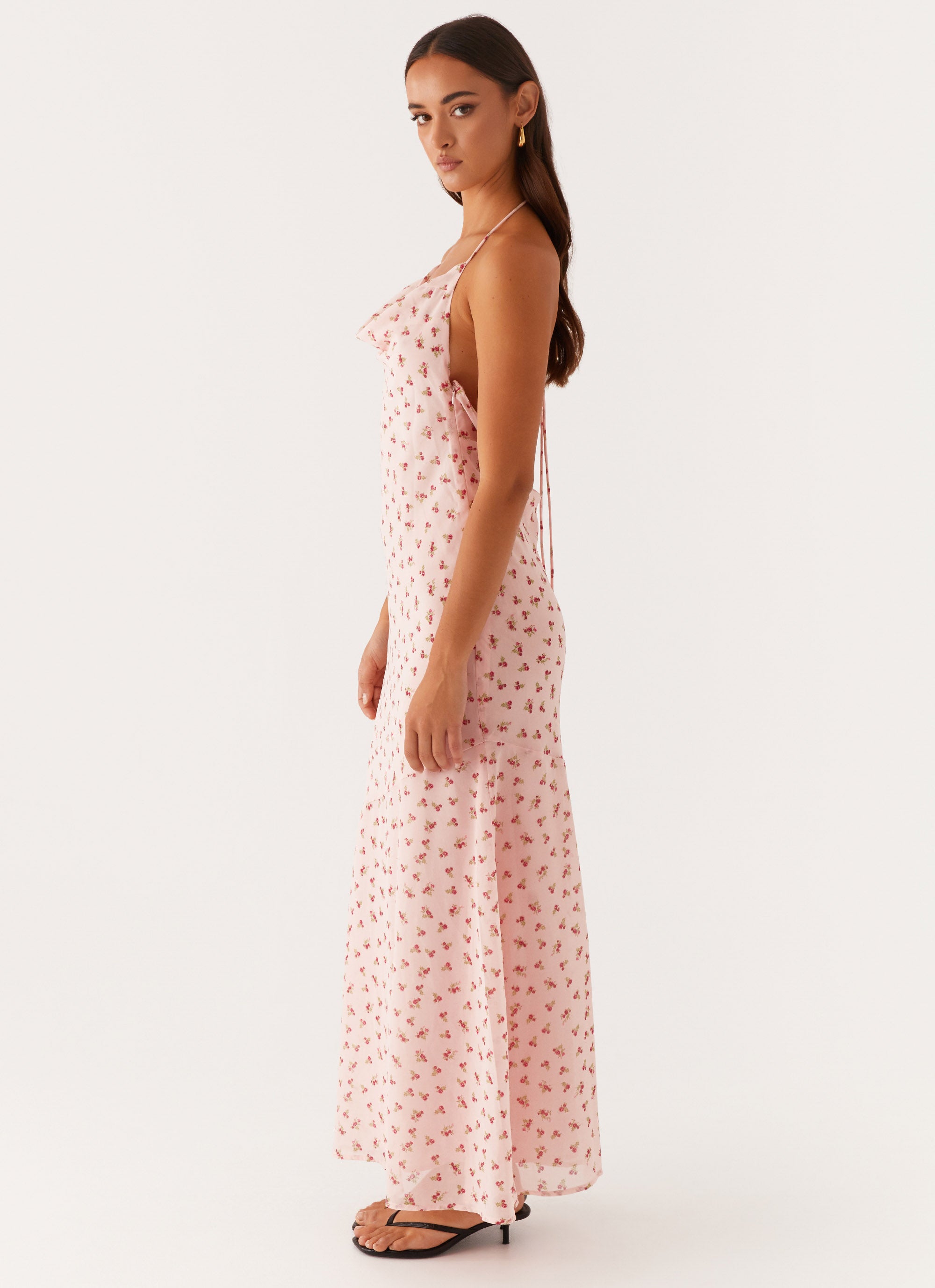 Alianna Cowl Neck Mesh Maxi Dress - Floral Lace Long Evening Gown for Women, Pink Flower Print Party Dress for Prom, Wedding, Cocktail & Special Occasions