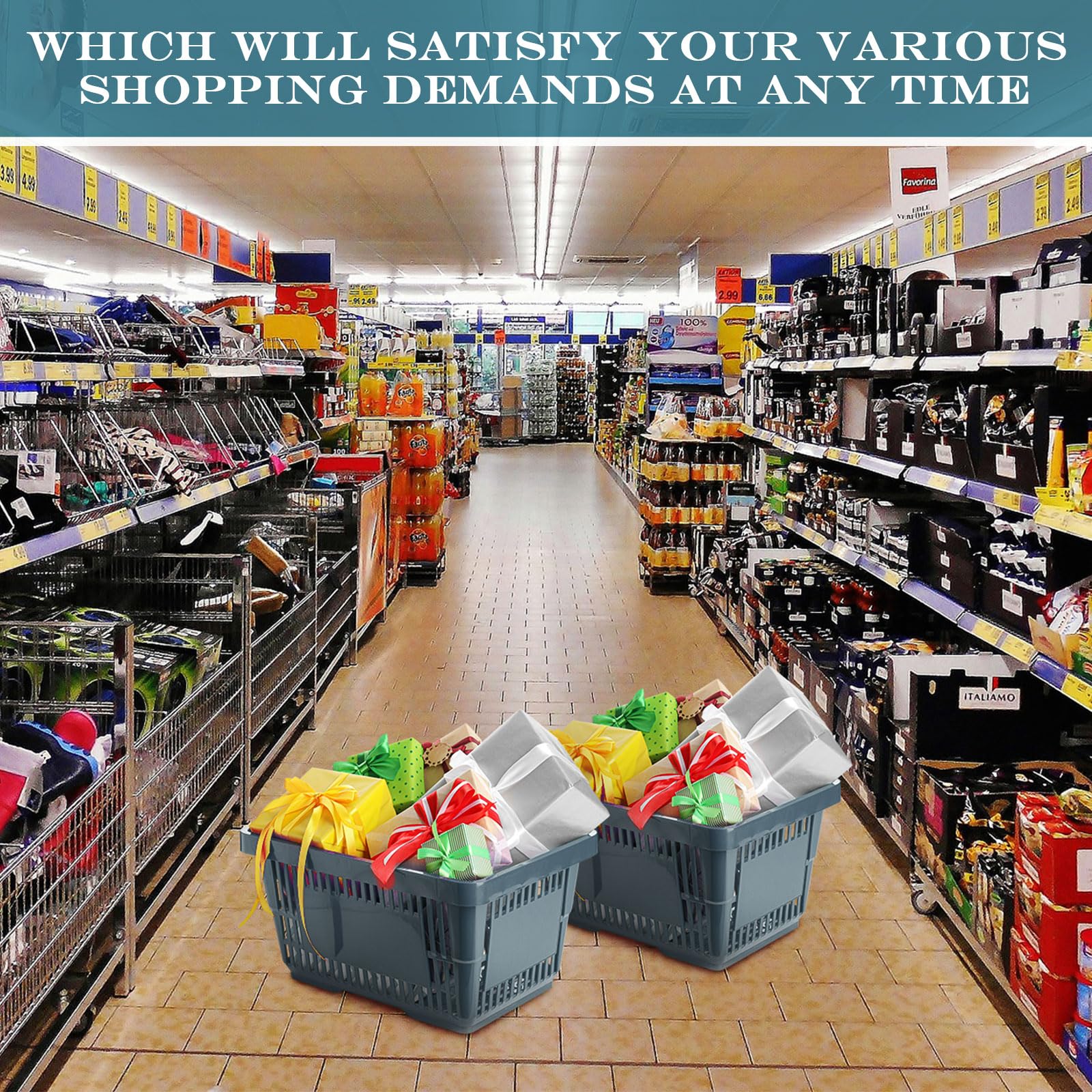 Macarrie 20-Pack Plastic Grocery Baskets with Handles - 16.9 x 11.8 x 9 Inch Bulk Shopping Baskets for Retail Stores, Supermarkets & Home Organization (Dark Gray) - Perfect for Grocery Shopping, Retail Displays & Pantry Storage