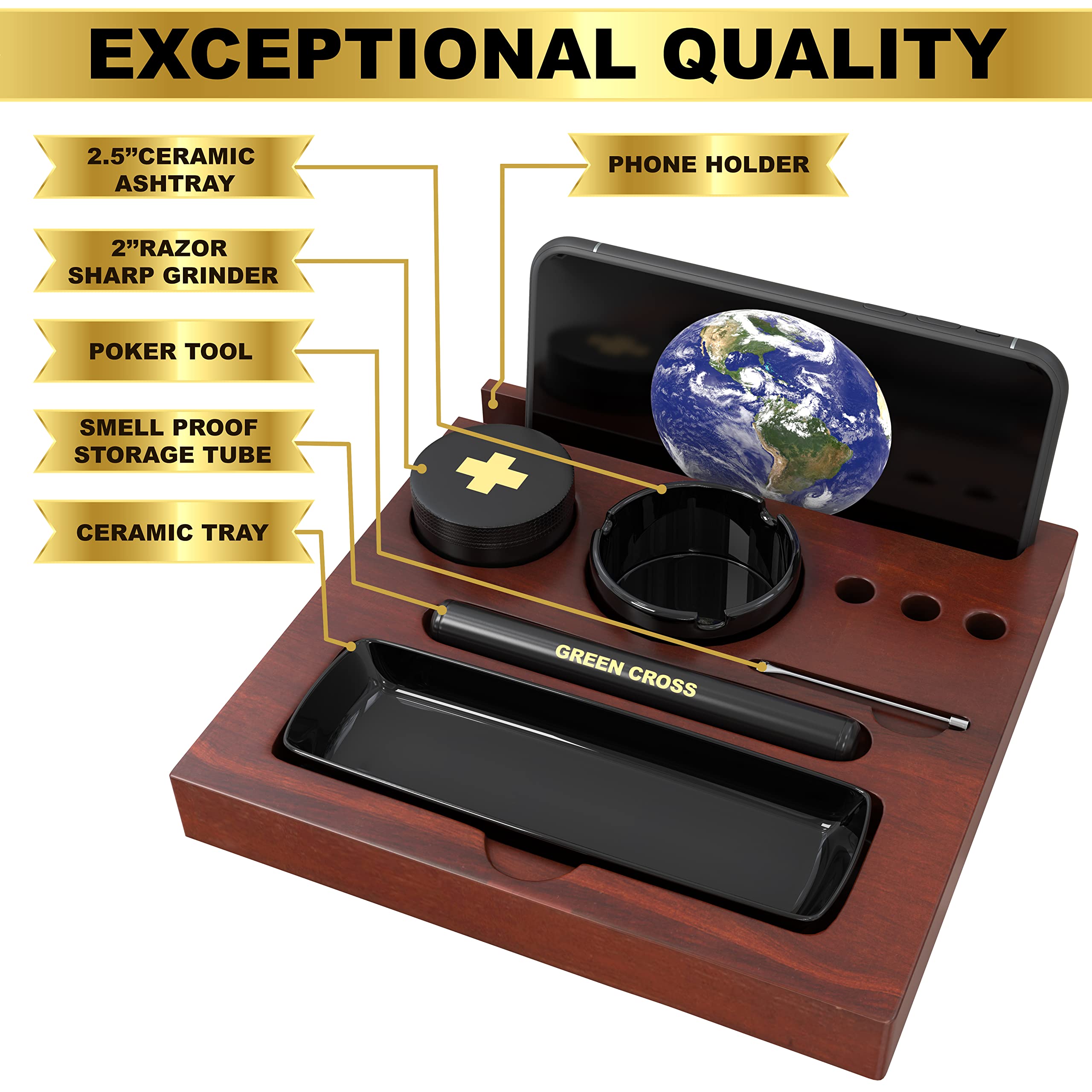 Premium Wooden Storage Box with Key - Decorative Lock Box & Removable Ceramic Rolling Tray Set | Home Organization, Jewelry Storage & Smoking Accessories | Perfect for Gifts, Home Decor & Cannabis Enthusiasts
