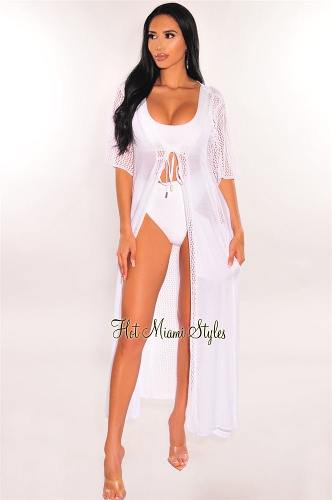 White Crochet Short Sleeve Tie Up Maxi Cover Up - Elegant Beach Dress for Women, Perfect for Summer Vacation, Pool Party and Boho Fashion Outfits