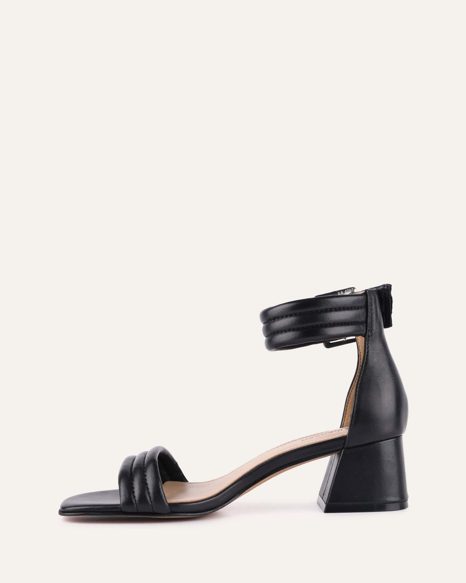 LYRIC Black Leather Mid Heel Sandals for Women - Comfortable Dressy Strappy Shoes for Summer, Weddings & Office Wear